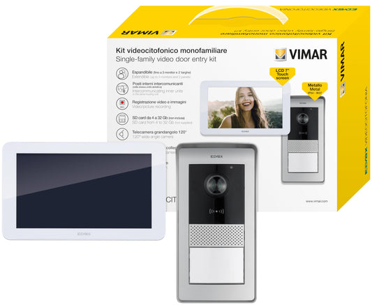 VIMAR K42935 Kit videocitofono monofamilare da parete touch screen vivavoce a colori LCD 7", alimentatore barra DIN, targa audiovideo RFID