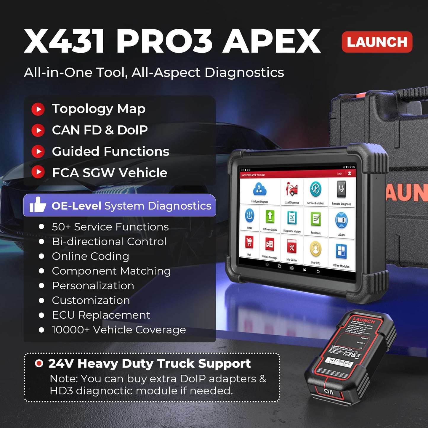 LAUNCH X431 PRO3 - Dispositivo diagnostico APEX OBD2, strumento di scansione auto per meccanici di codifica