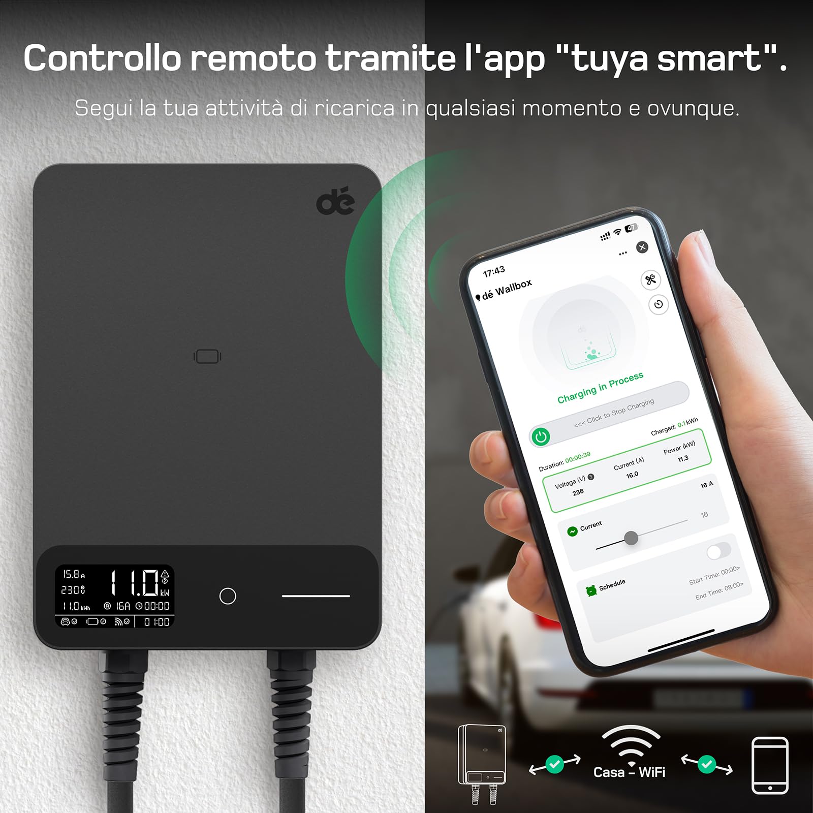 dé Wallbox 11kW [10m, 6-16A, Trifase] Colonnina Stazione Ricarica Auto Elettrica con APP e RFID per byd e altri