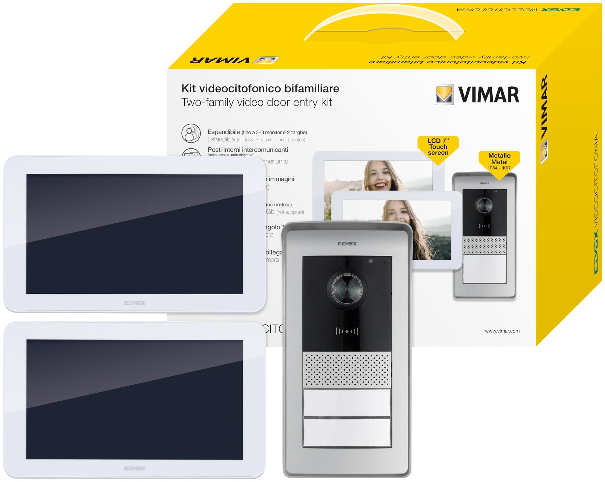 VIMAR K42916 Kit videocitofono multifamiliare, touch screen, targa con lettore RFID con 2 pulsanti, 4 uscite