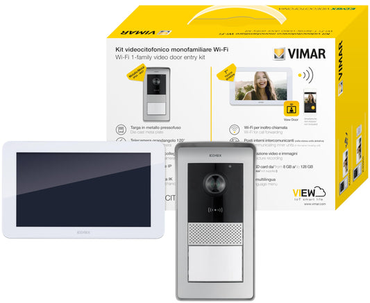 VIMAR K42945 Kit videocitofono WIFI monofamiliare, touch screen vivavoce, Alimentatore Barra DIN, targa audiovideo RFID, staffe per fissaggi