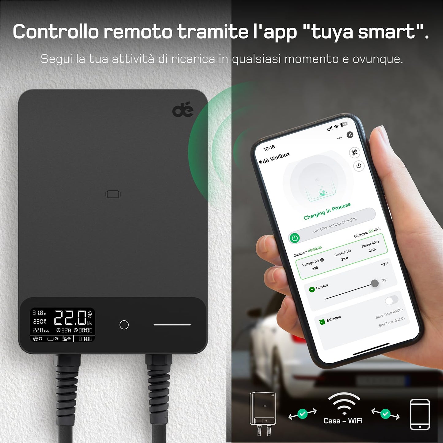 dé Wallbox 22kW [15m, 6-32A, Trifase] Colonnina Ricarica Auto Elettrica con APP e RFID e Supporto, EV Stazione di Ricaric per byd e altri
