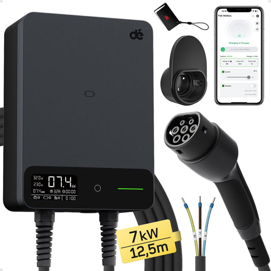 dé Wallbox 7 kW APP [6 – 32 A, 1 fase), stazione di ricarica per veicoli elettrici byd e altri con cavo di ricarica tipo 2, RFID