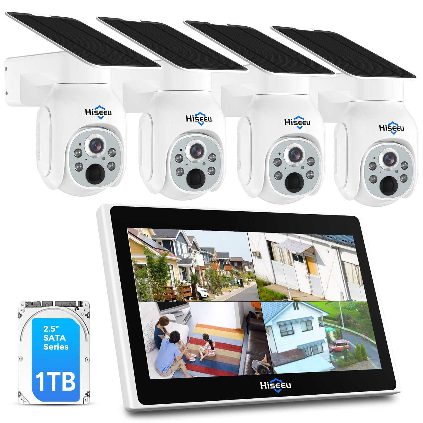 100% Senza Fili+PTZ】Hiseeu Kit Videosorveglianza WiFi Solare Esterno con 10" Monitor, 10CH NVR 4X4MP Telecamera