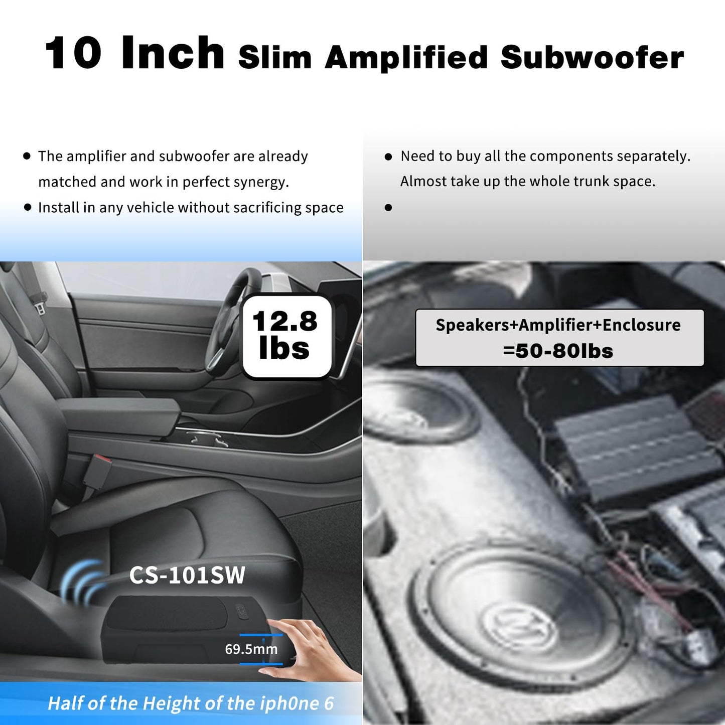 ATOTO CS-101SW Subwoofer Auto Amplificato da 250mm 400W Max, Subwoofer Attivo Auto Sottosedile