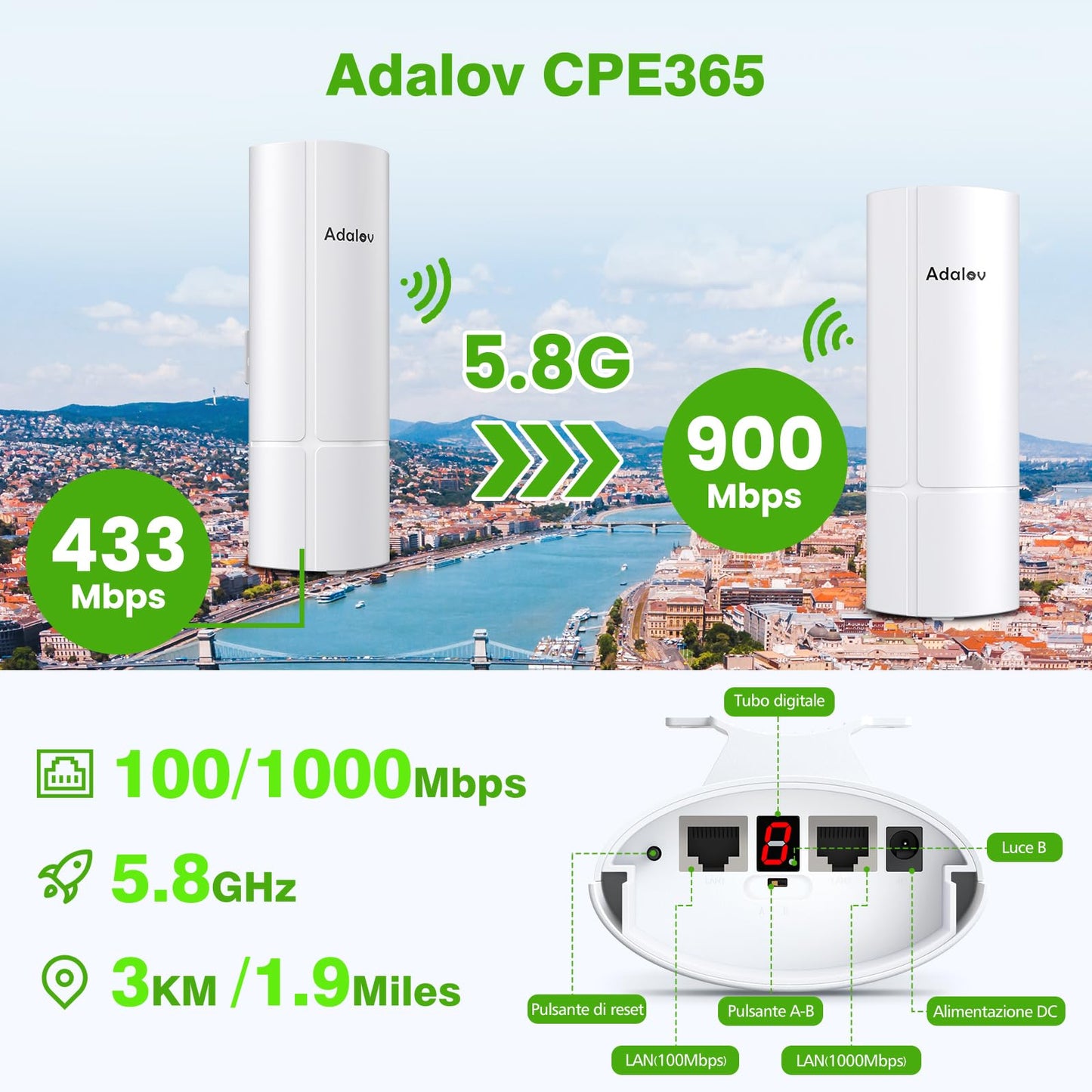 Adalov CPE365 Ponte Wireless, Ponti WiFi Gigabit da 3 km con Porta LAN da 1000 Mbps