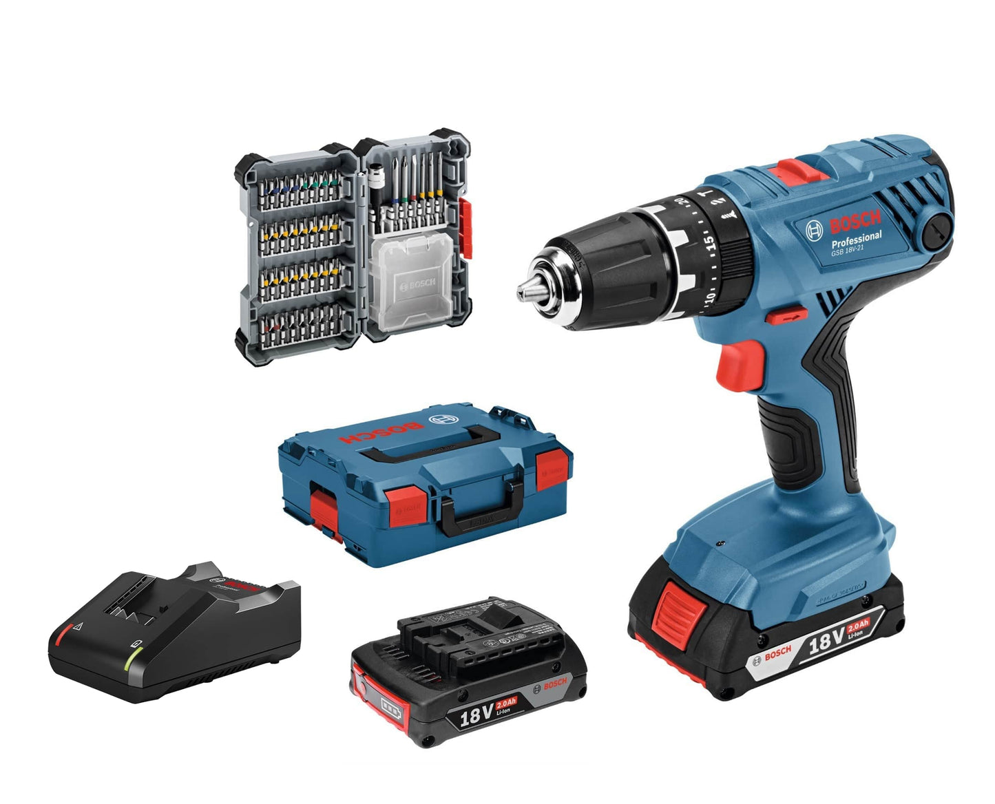 Bosch Professional Sistema 18V Trapano Avvitatore Con Percussione GSB 18V-21, Incl. Batteria 2x2.0 Ah, Set