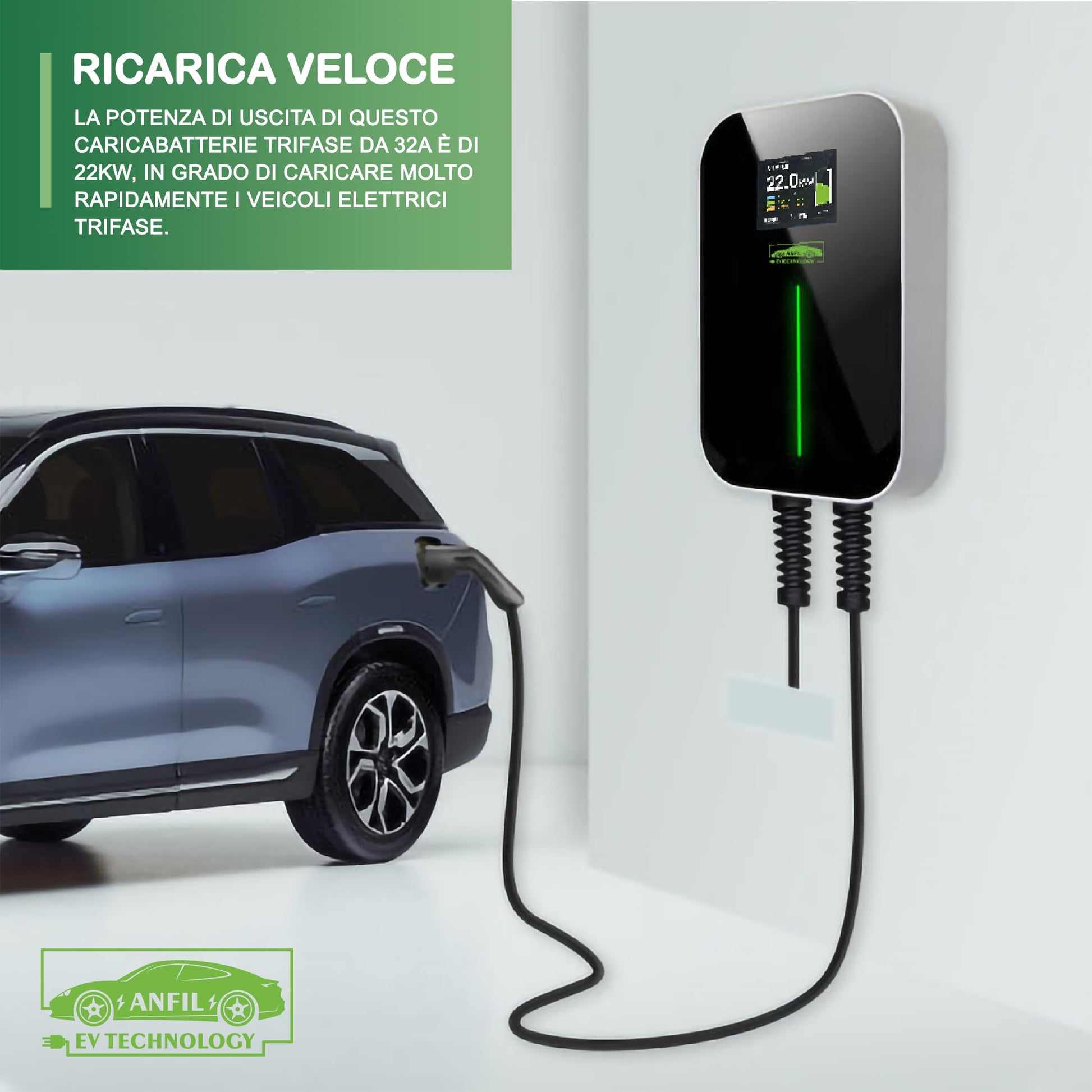 ANFIL Stazione di Ricarica EV Trifase - Caricatore Standard UE da 32A, 22 kW IEC 62196-2