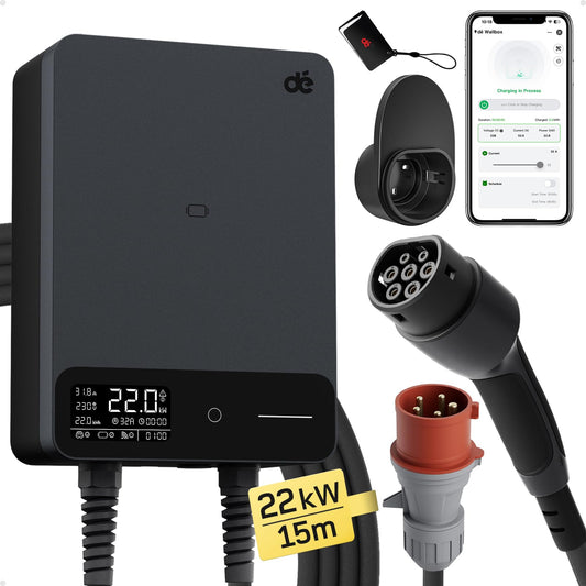 dé Wallbox 22kW [15m, 6-32A, Trifase] Colonnina Ricarica Auto Elettrica con APP e RFID e Supporto, EV Stazione di Ricaric per byd e altri
