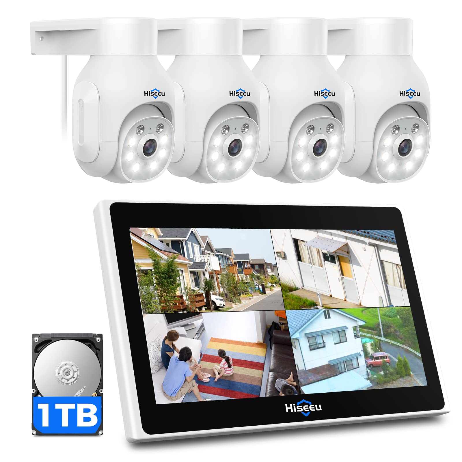 5MP PTZ+10CH Monitor】Hiseeu 5MP Kit Videosorveglianza PTZ WiFi Esterno con 10" Monitor,10CH 5MP NVR 1TB HDD e 4X5MP