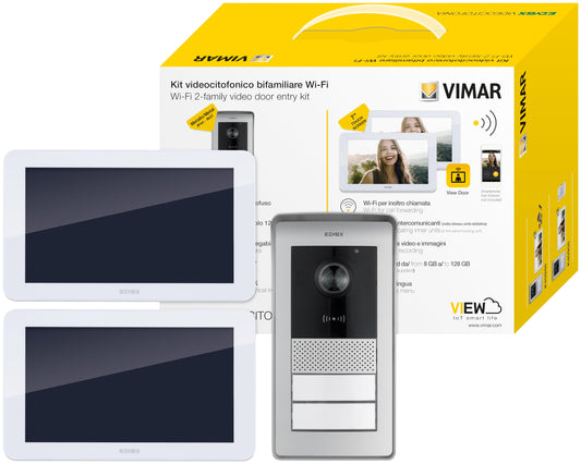 VIMAR K42956 Kit videocitofono multifamiliare touch screen vivavoce, Wifi, alimentatore barra DIN, targa audiovideo con lettore RFID e 2 pulsanti