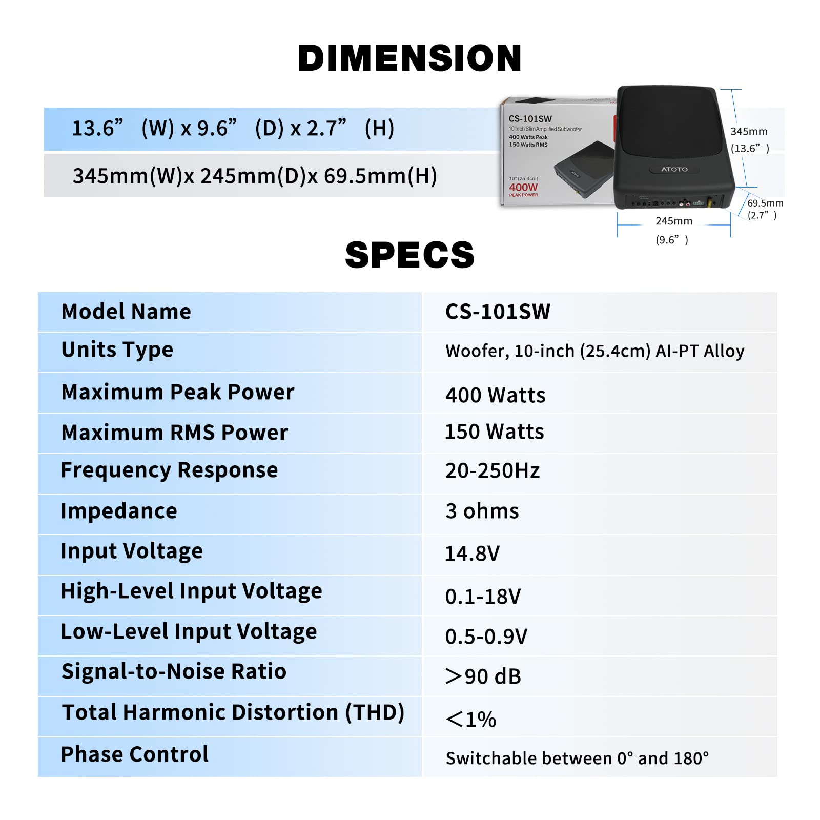 ATOTO CS-101SW Subwoofer Auto Amplificato da 250mm 400W Max, Subwoofer Attivo Auto Sottosedile