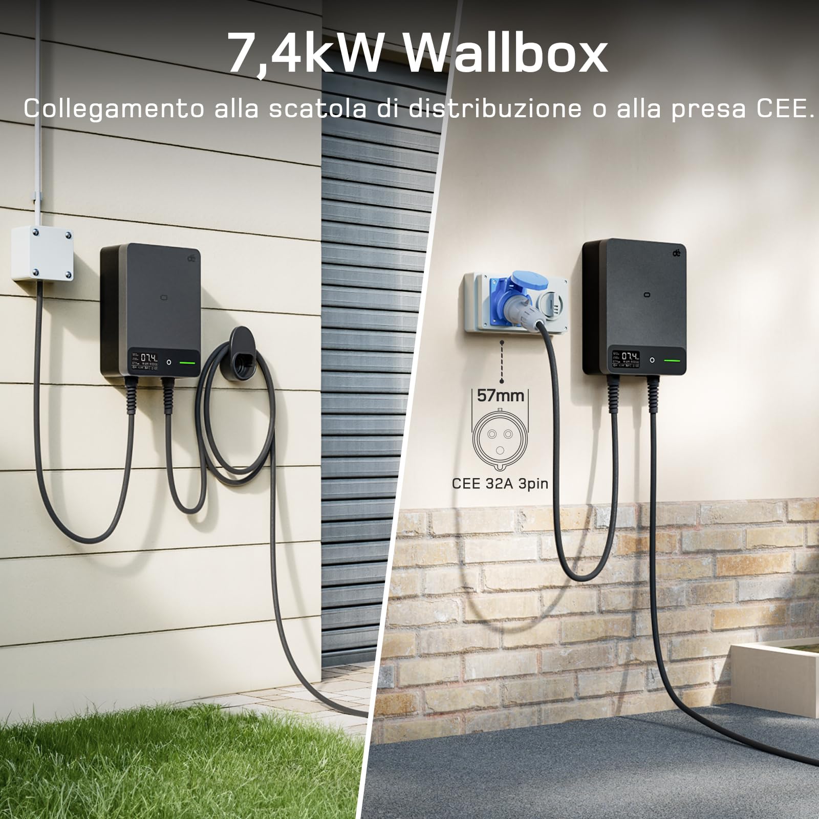 dé Wallbox 7,4kW Tipo 2 [10m, 6-32A, Monofase] Colonnina Ricarica Auto Elettrica con APP e RFID per byd e altri