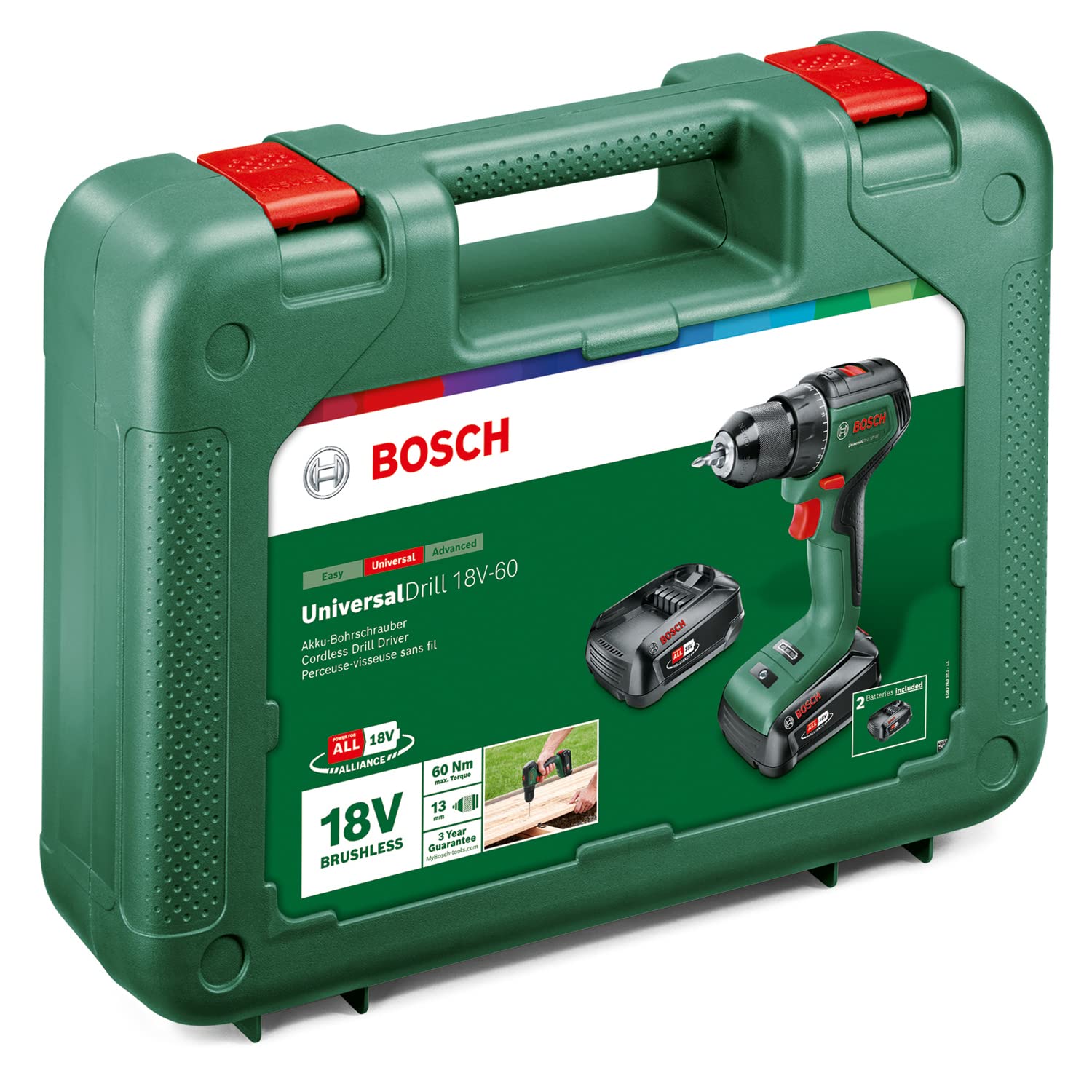 Bosch Trapano avvitatore a batteria UniversalDrill 18V-60 (2 batterie da 2,0 Ah, sistema 18 Volt, in valigetta)