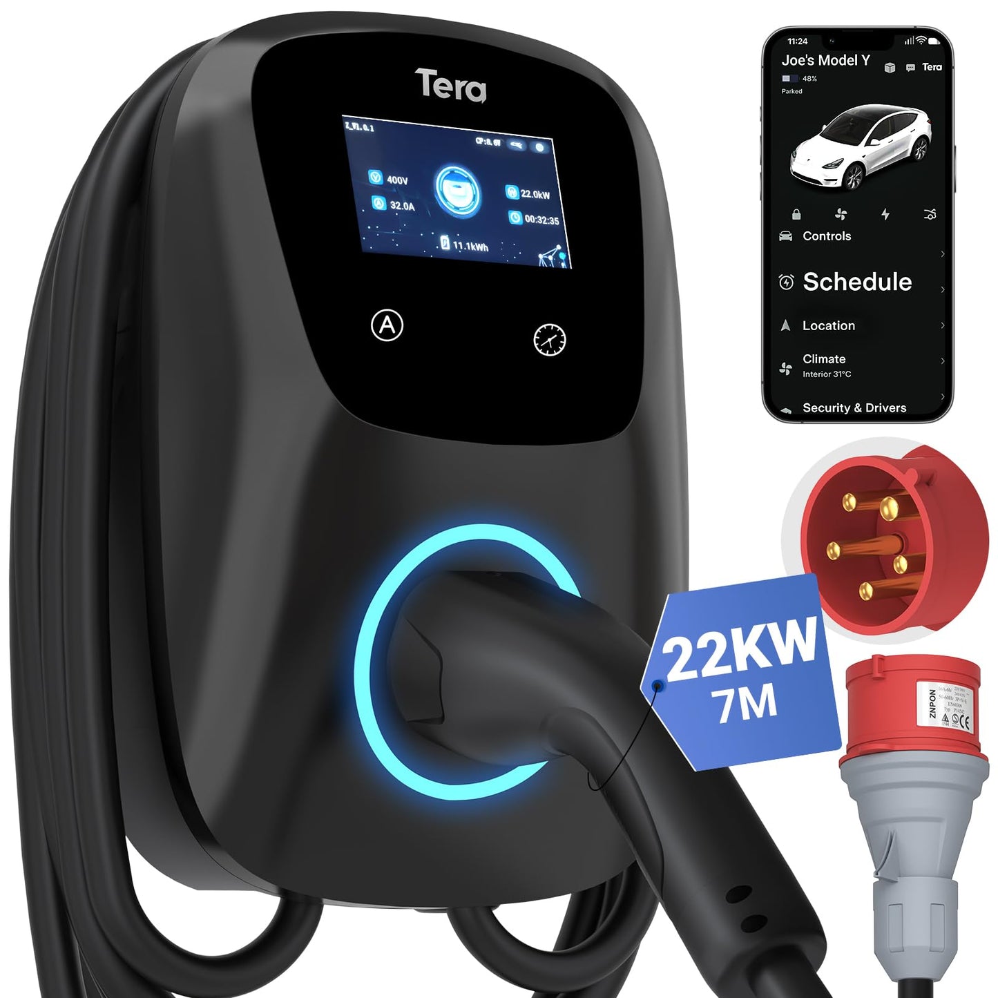 Tera EV Caricabatterie con Smart App 32A Tipo 2 11KW o 22kW 400V CE e TUV Wallbox