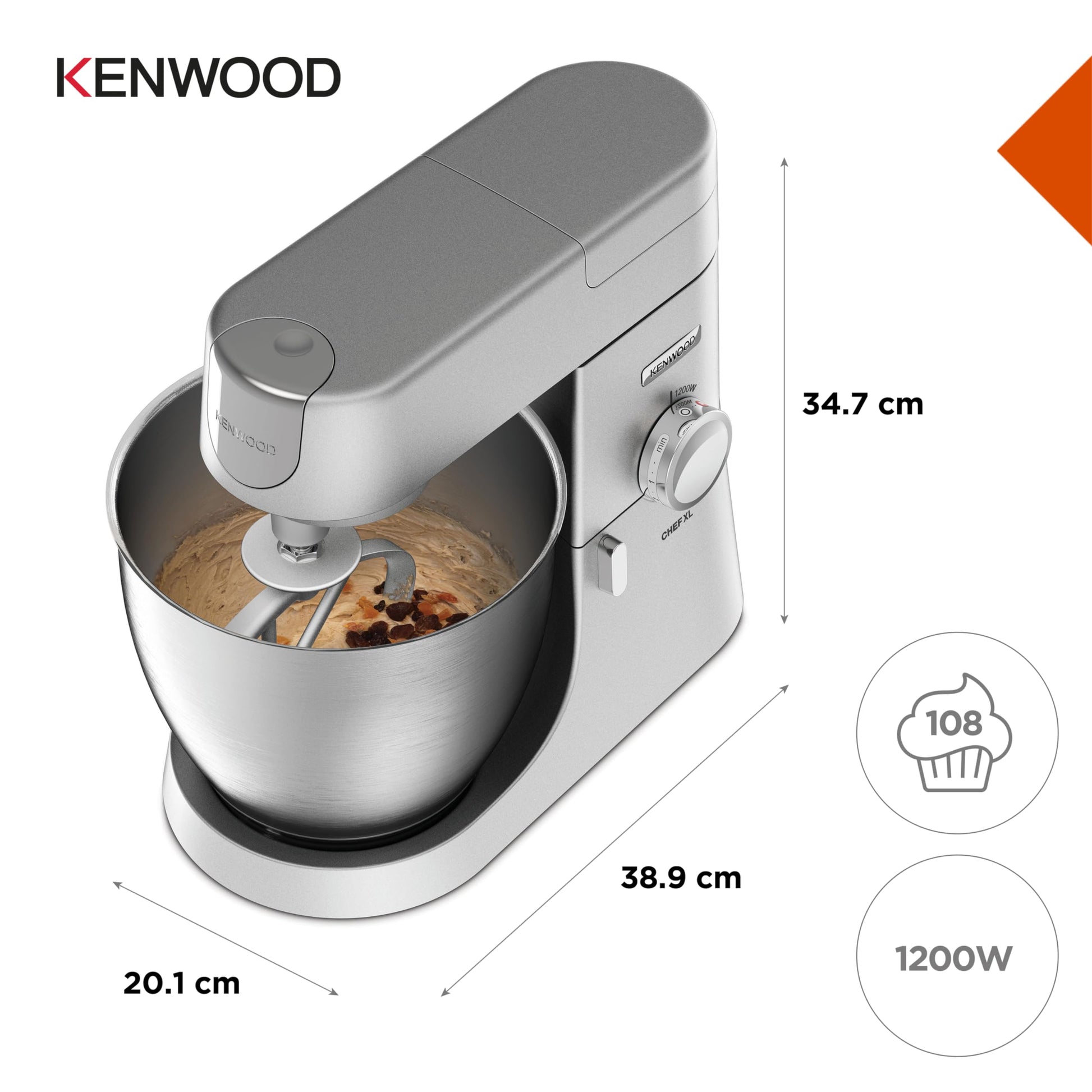 Kenwood KVL4100S Impastatrice Planetaria Chef XL con Ciotola da 6,7L, 3 Ganci di Miscelazione