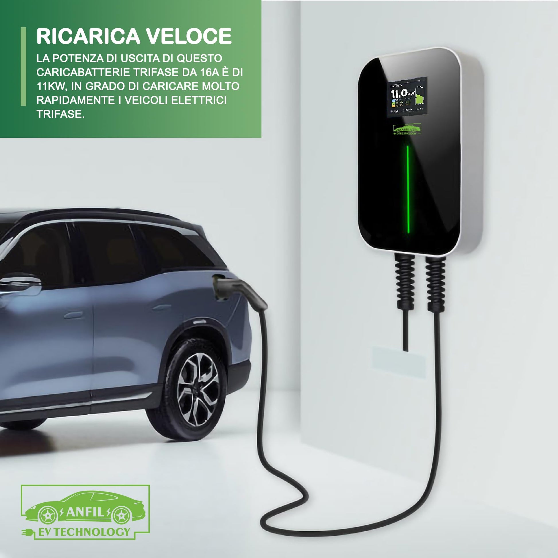 ANFIL Stazione di Ricarica EV Trifase - Caricatore Standard UE da 16A, 11 kW IEC 62196-2