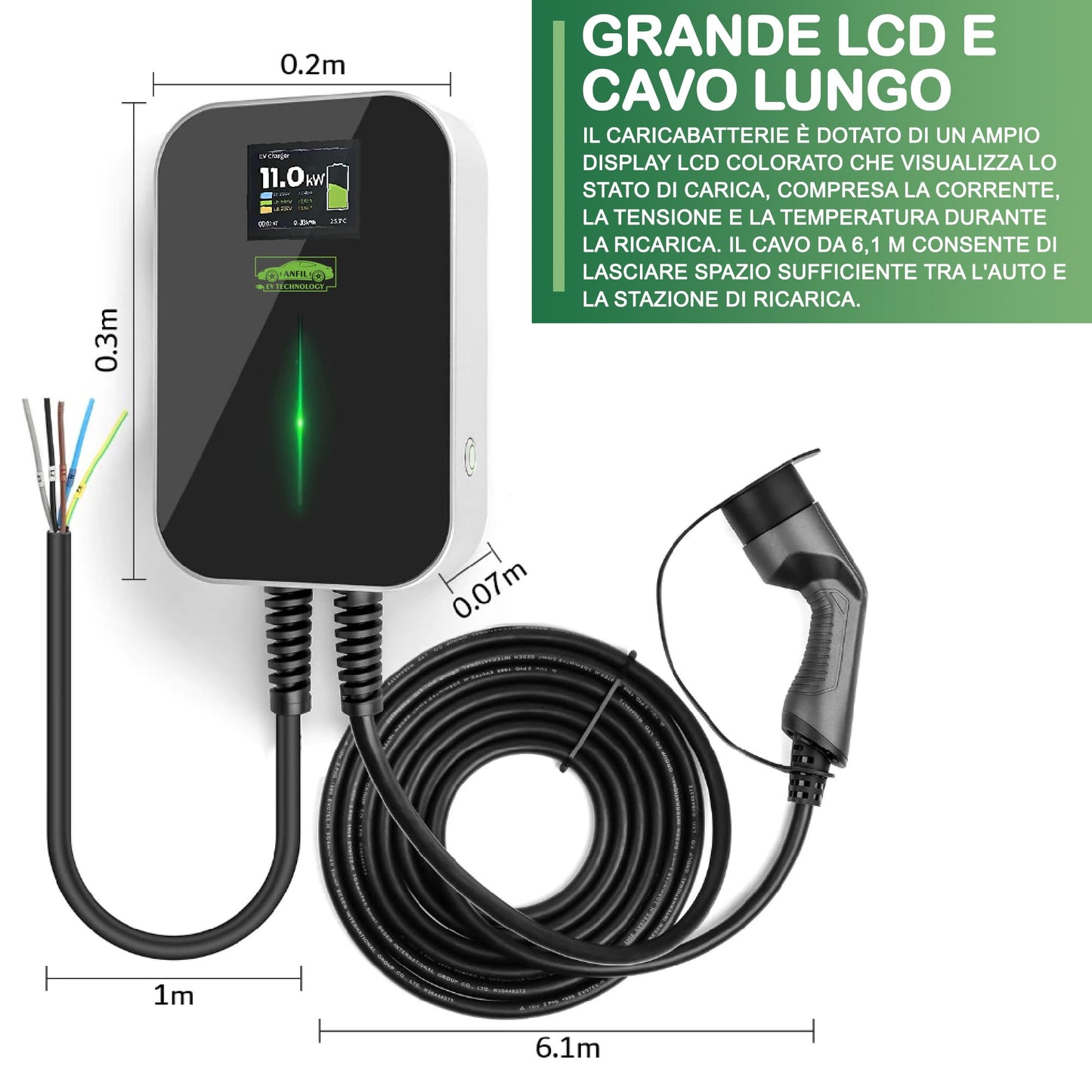 ANFIL Stazione di Ricarica EV Trifase - Caricatore Standard UE da 16A, 11 kW IEC 62196-2