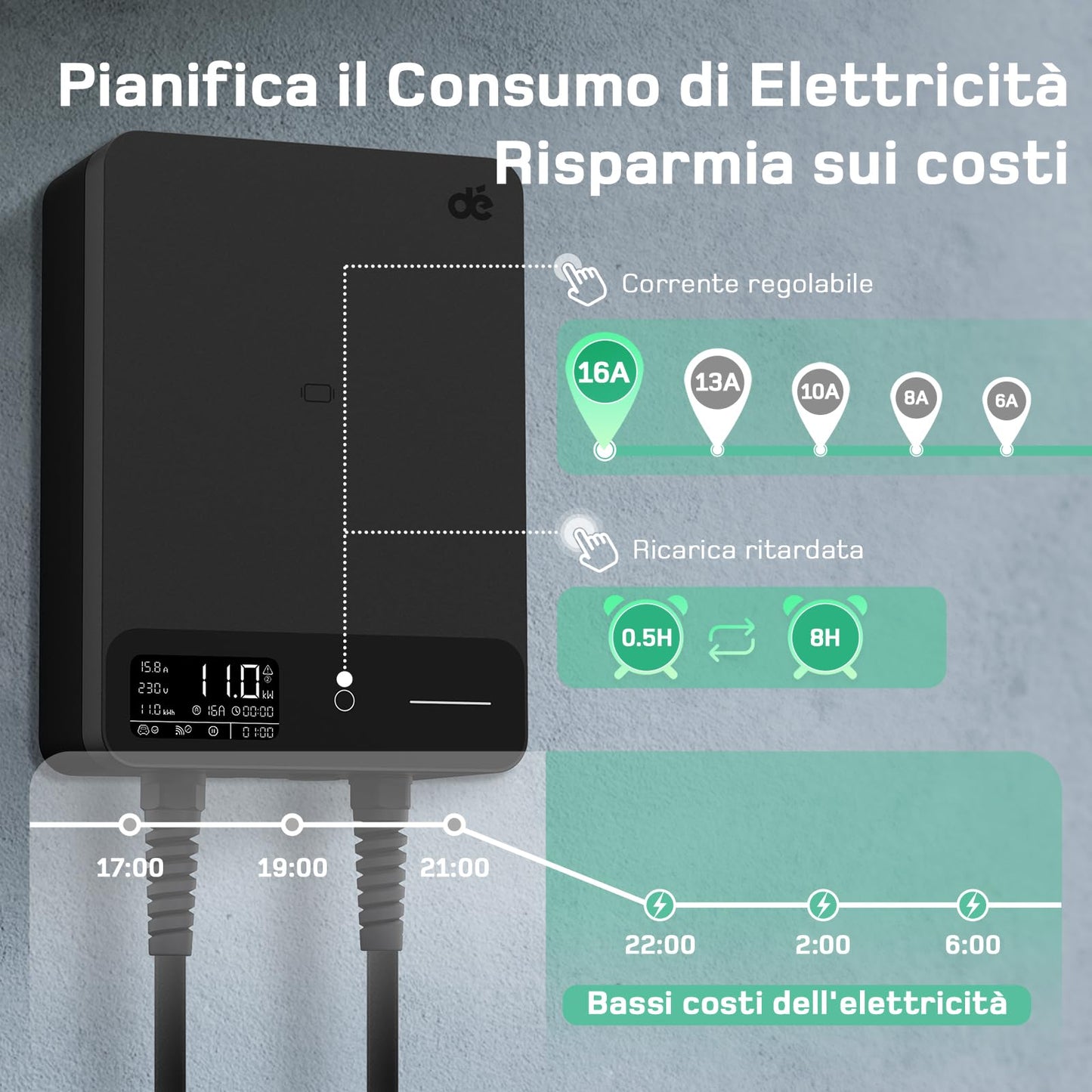 dé Wallbox 11kW [10m, 6-16A, Trifase] Colonnina Stazione Ricarica Auto Elettrica con APP e RFID per byd e altri