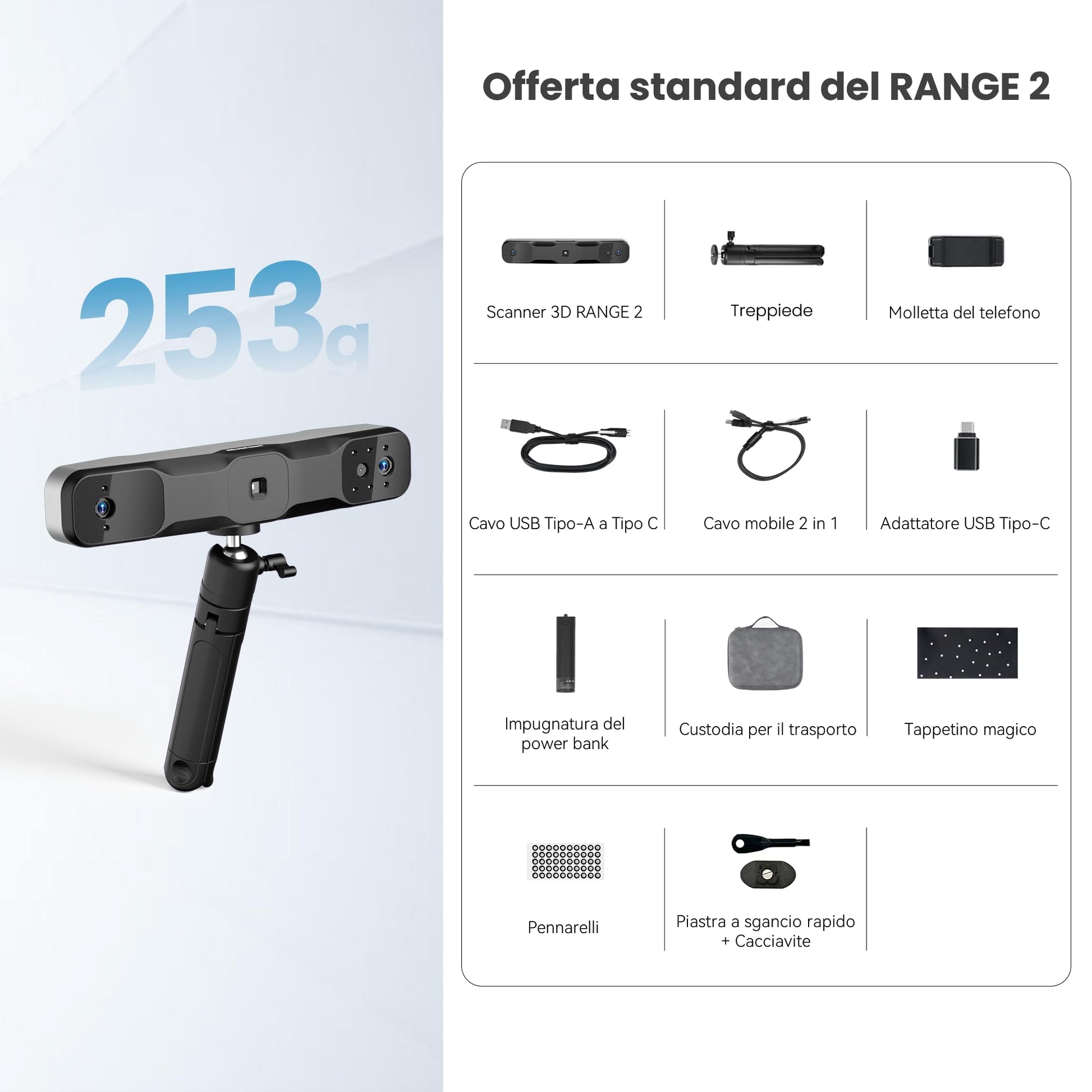 Scanner 3D Revopoint RANGE 2 Scanner per modelli 3D Telecamera RGB integrata