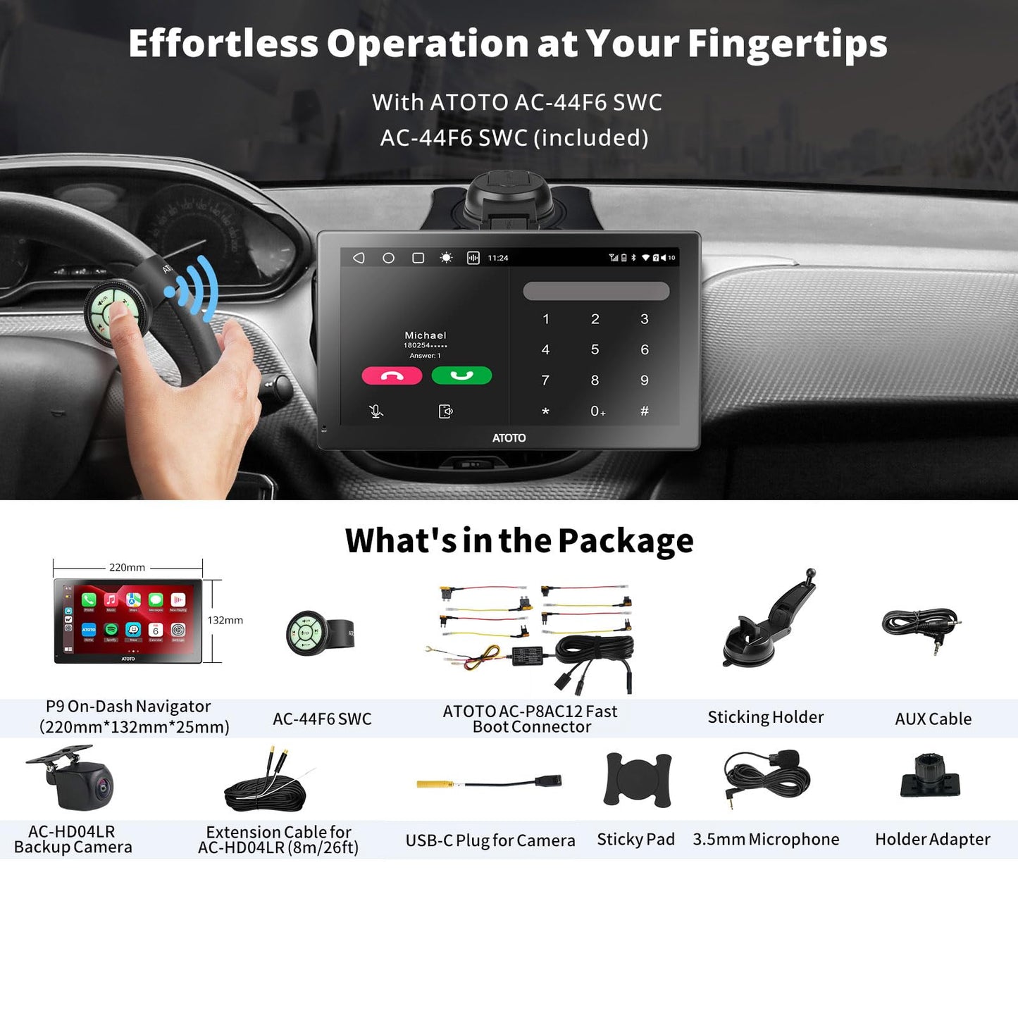 TOTO P9 9" QLED GPS Tracciamento Android Autoradio Portatile,4G+32G, Android Auto & CarPlay Senza Fili P909PR-S2