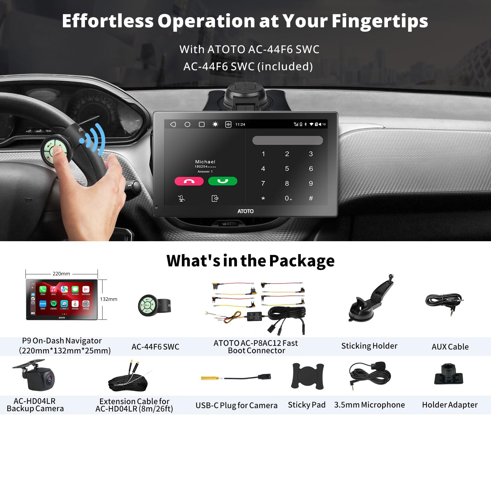 TOTO P9 9" QLED GPS Tracciamento Android Autoradio Portatile,4G+32G, Android Auto & CarPlay Senza Fili P909PR-S2