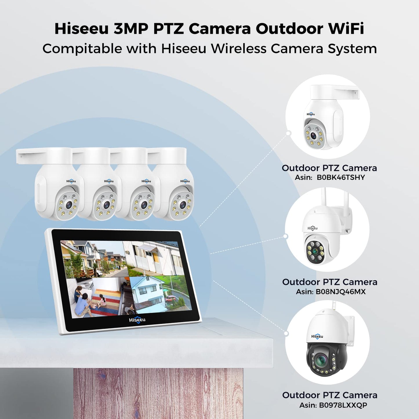 5MP PTZ+10CH Monitor】Hiseeu 5MP Kit Videosorveglianza PTZ WiFi Esterno con 10" Monitor,10CH 5MP NVR 1TB HDD e 4X5MP