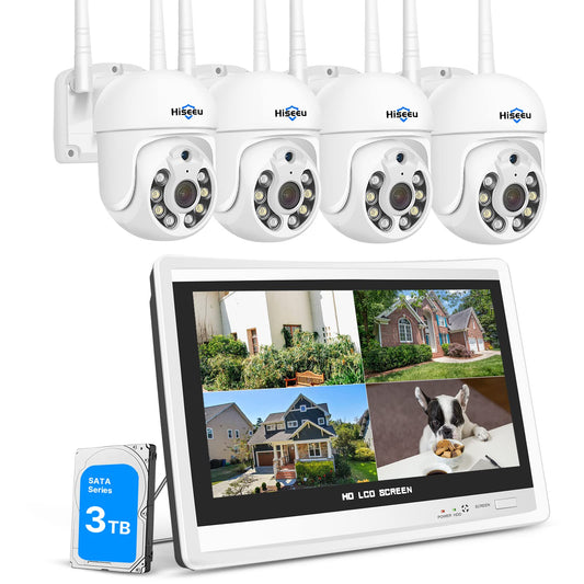 5MP PTZ+3TB HDD】Hiseeu 5MP Kit Videosorveglianza PTZ WiFi Esterno con 12" LCD Monitor,10CH NVR 4X5MP PTZ Telecamera