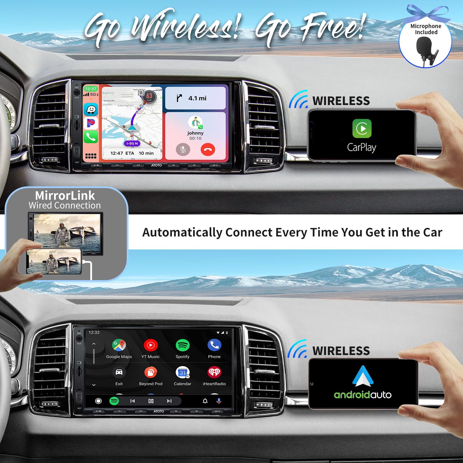 ATOTO F7XE Autoradio 2 DIN, Integrato DAB+, CarPlay Senza fili & Android Auto Wireless F7G2A7XED-S01