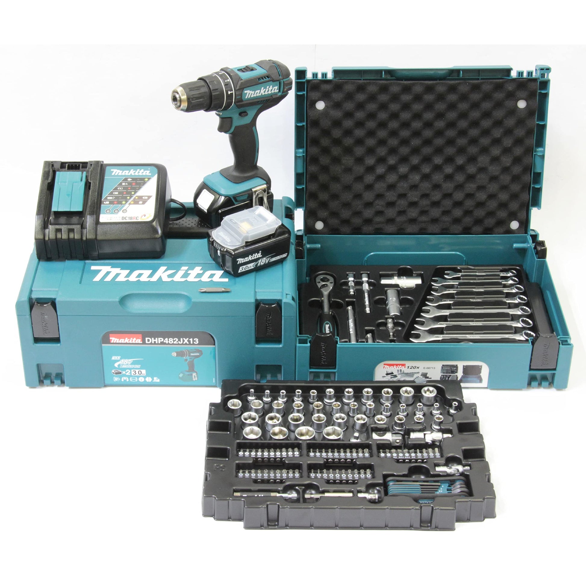 Makita DHP482JX13 - Trapano avvitatore a percussione a batteria, 18 V, 3,0 Ah, 2 batterie + caricatore in MAKPAC