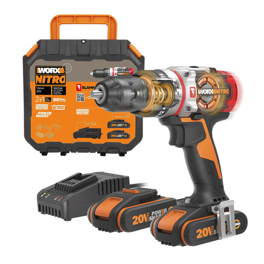 Worx WX354 Trapano avvitatore tassellatore brushless Slammer 60nm-20V con 2 batterie da 2.0Ah