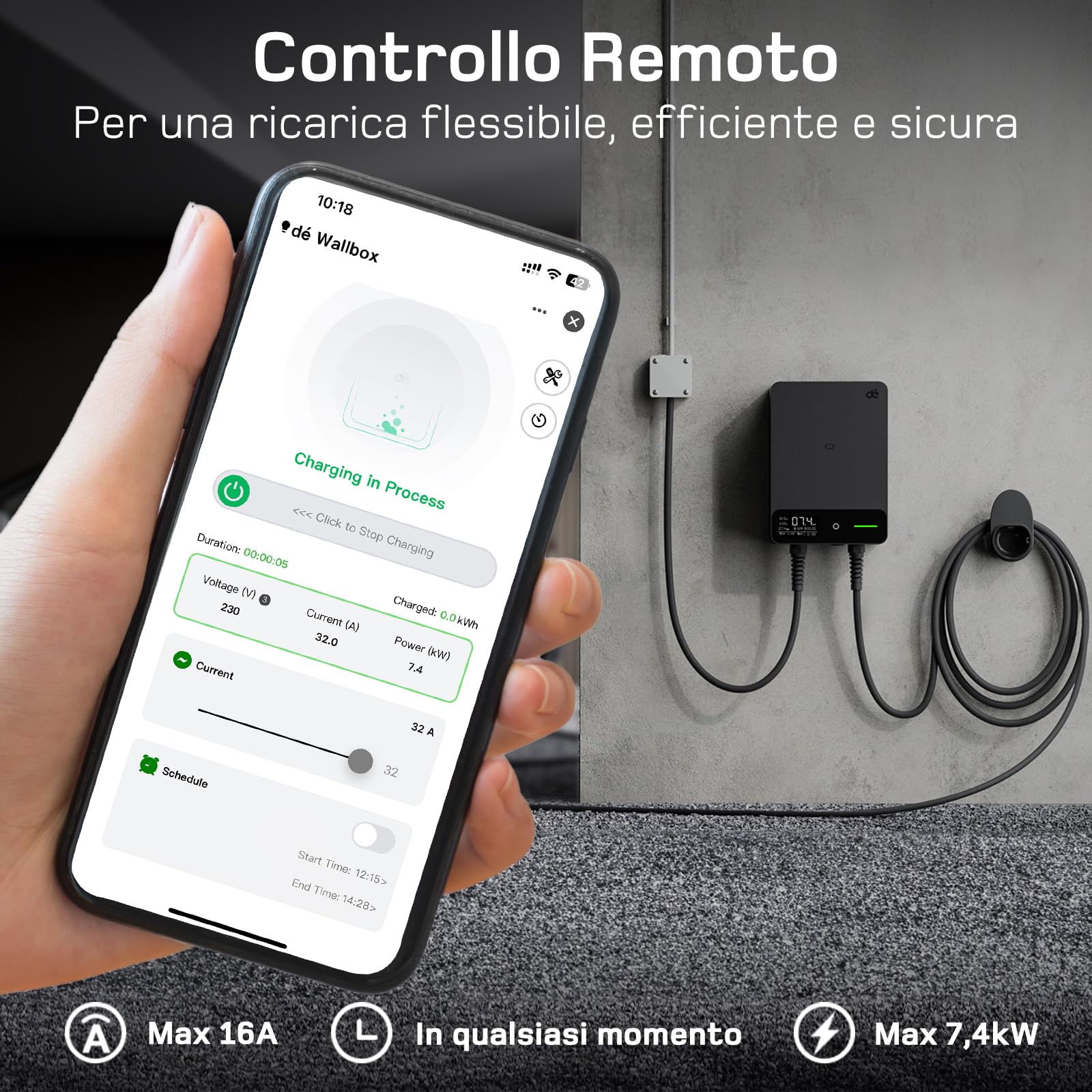 dé Wallbox 7,4kW Tipo 2 [7,5m, 6-32A, Monofase] Colonnina Ricarica Auto Elettrica per byd e altri con APP e RFID