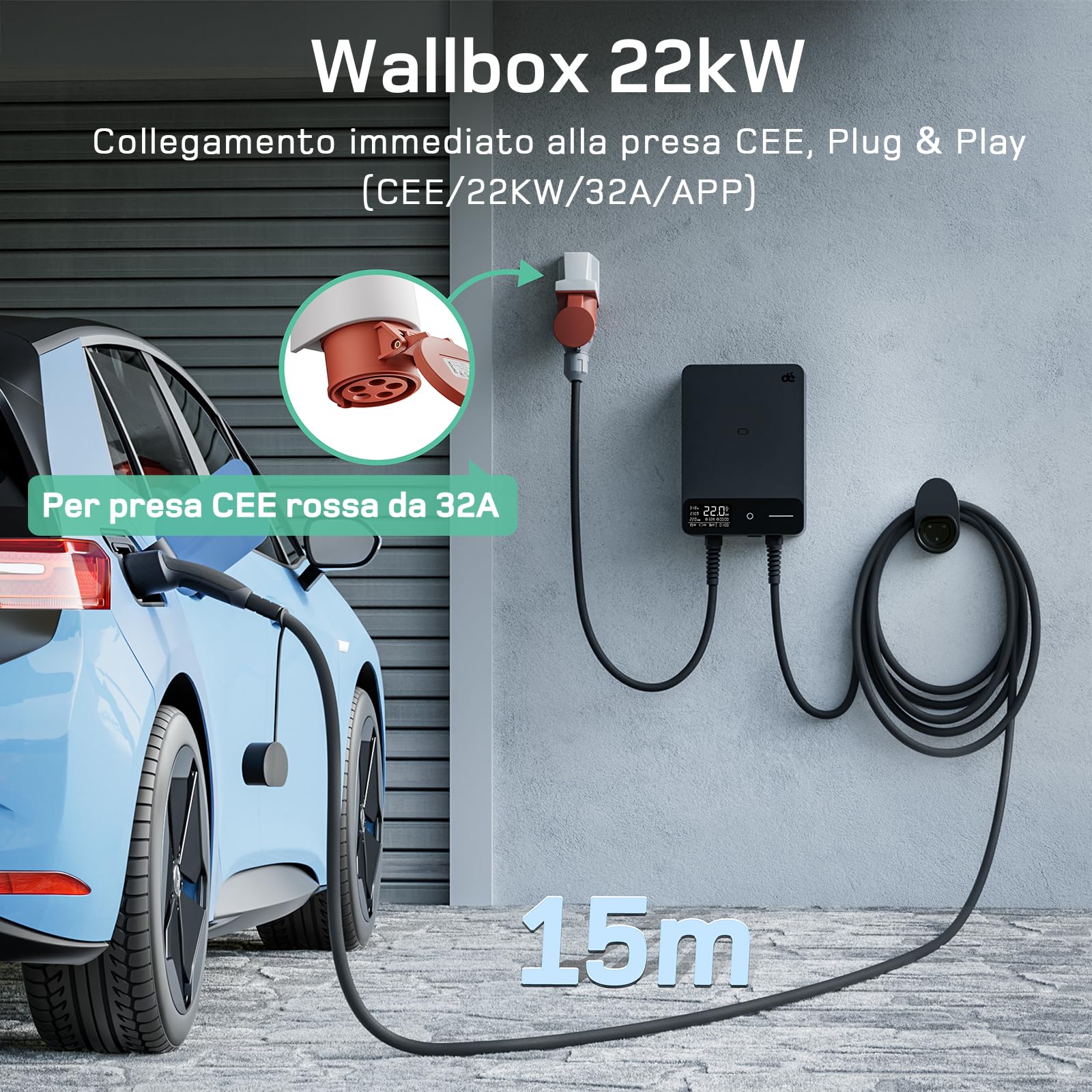 dé Wallbox 22kW [15m, 6-32A, Trifase] Colonnina Ricarica Auto Elettrica con APP e RFID e Supporto, EV Stazione di Ricaric per byd e altri