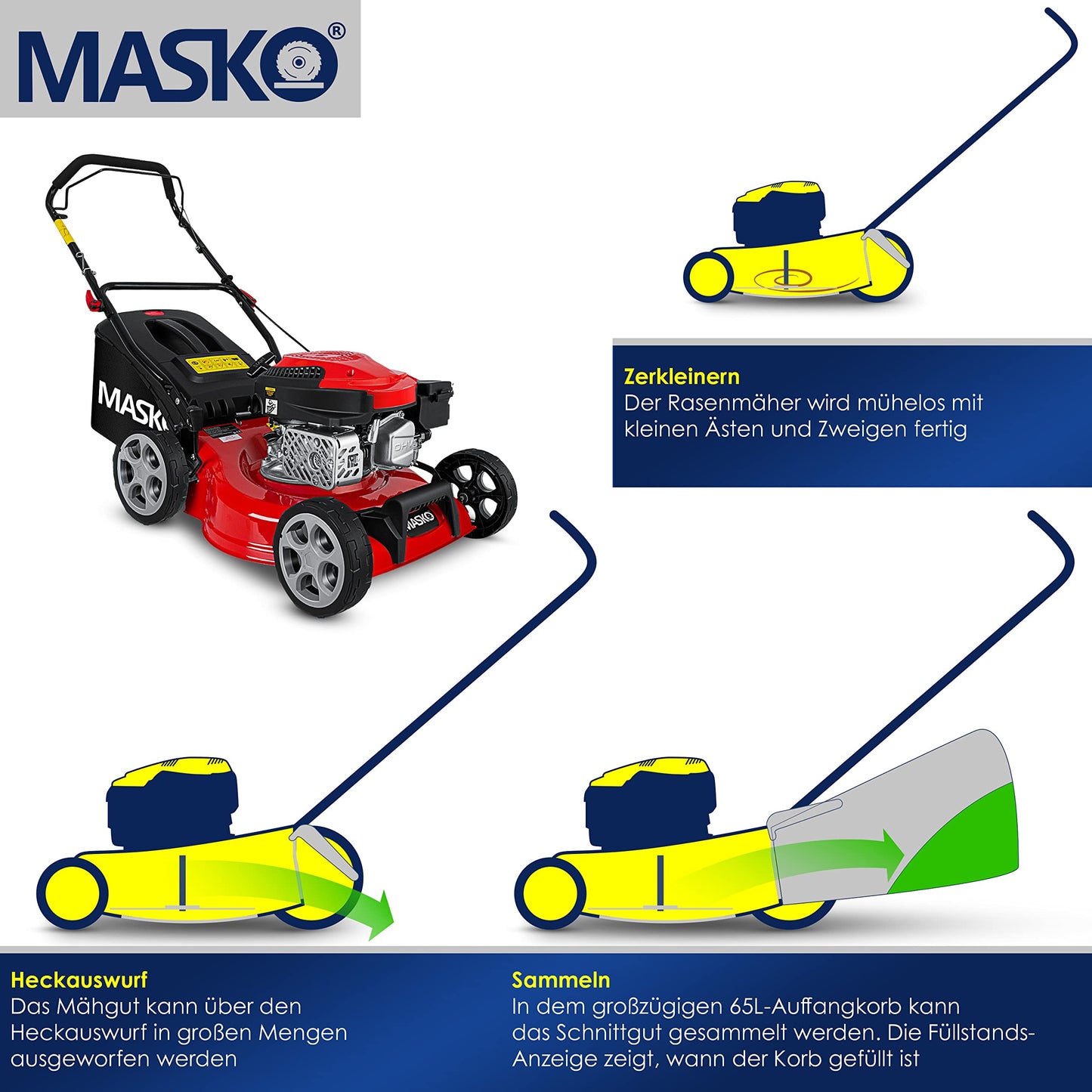 MASKO® Tosaerba a benzina 3 in 1 motore OHV a 4 tempi 3,4 CV