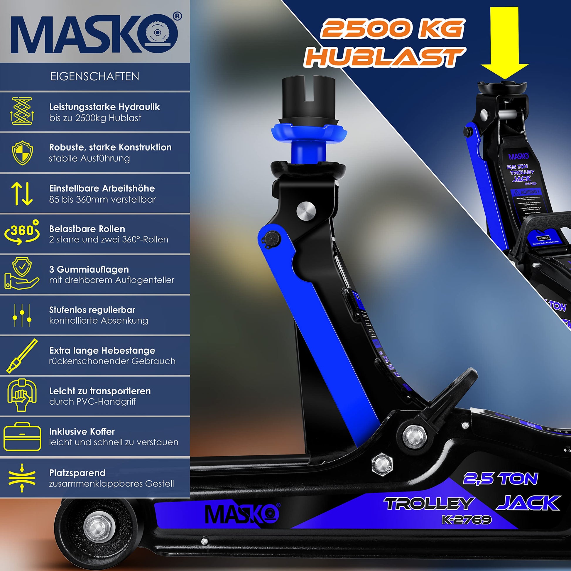 MASKO® Cric idraulico 2,5T altezza di sollevamento piatto 85 – 360 mm