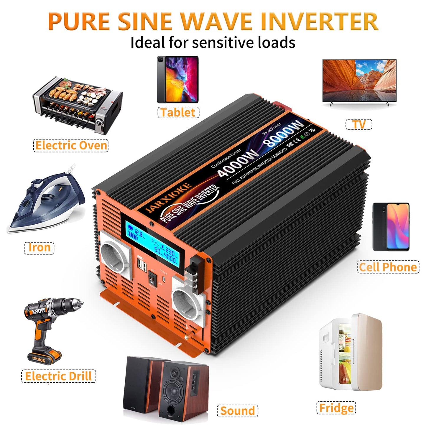 Inverter 12v 220v Onda Pura 4000W Invertitore di Potenza 12V a 220V Convertitore di Alimentazione