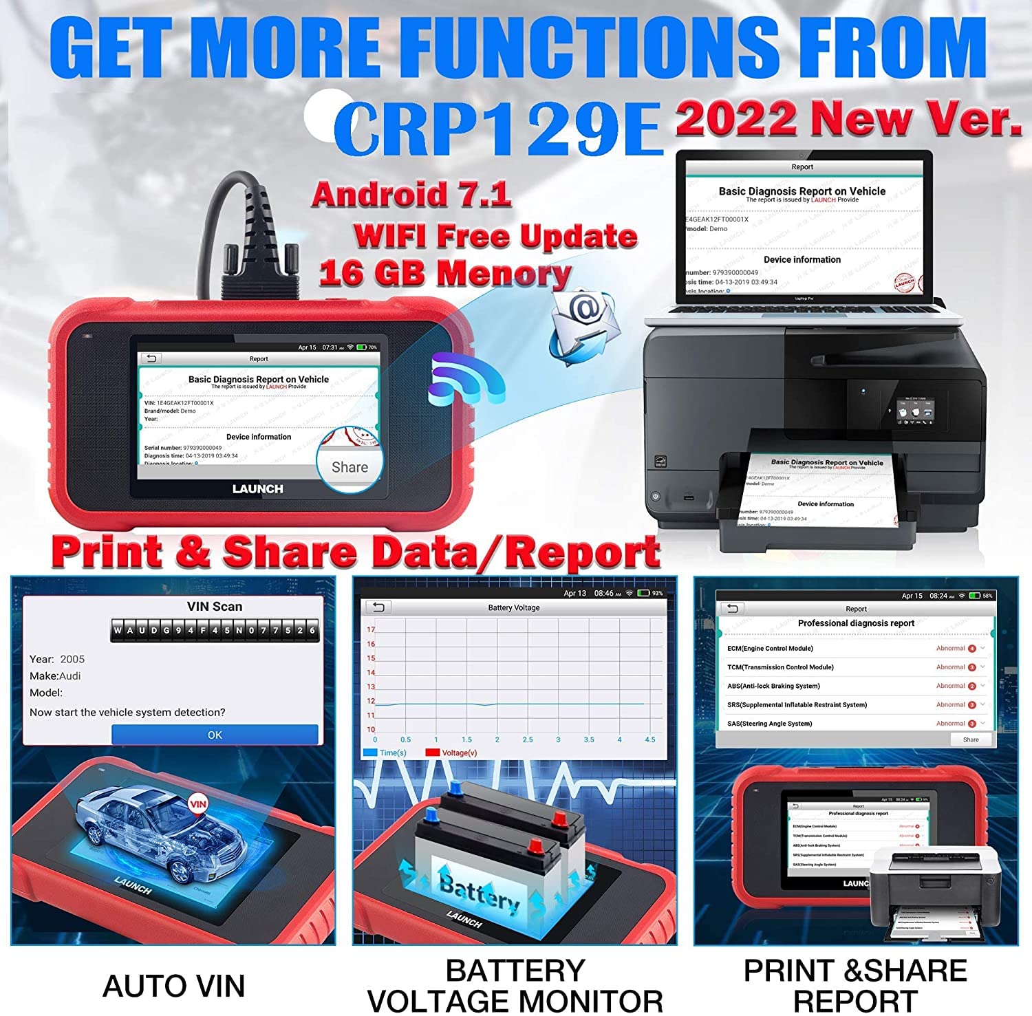 LAUNCH CRP129E OBD2 Lettore di codice con 4 sistemi + 8 servizi di riavvio, Diagnosi Auto multimarca con sistema motore ABS SRS Oil Reset Trasmissione TPMS EPB SAS DPF Iniettore Codifica BMS