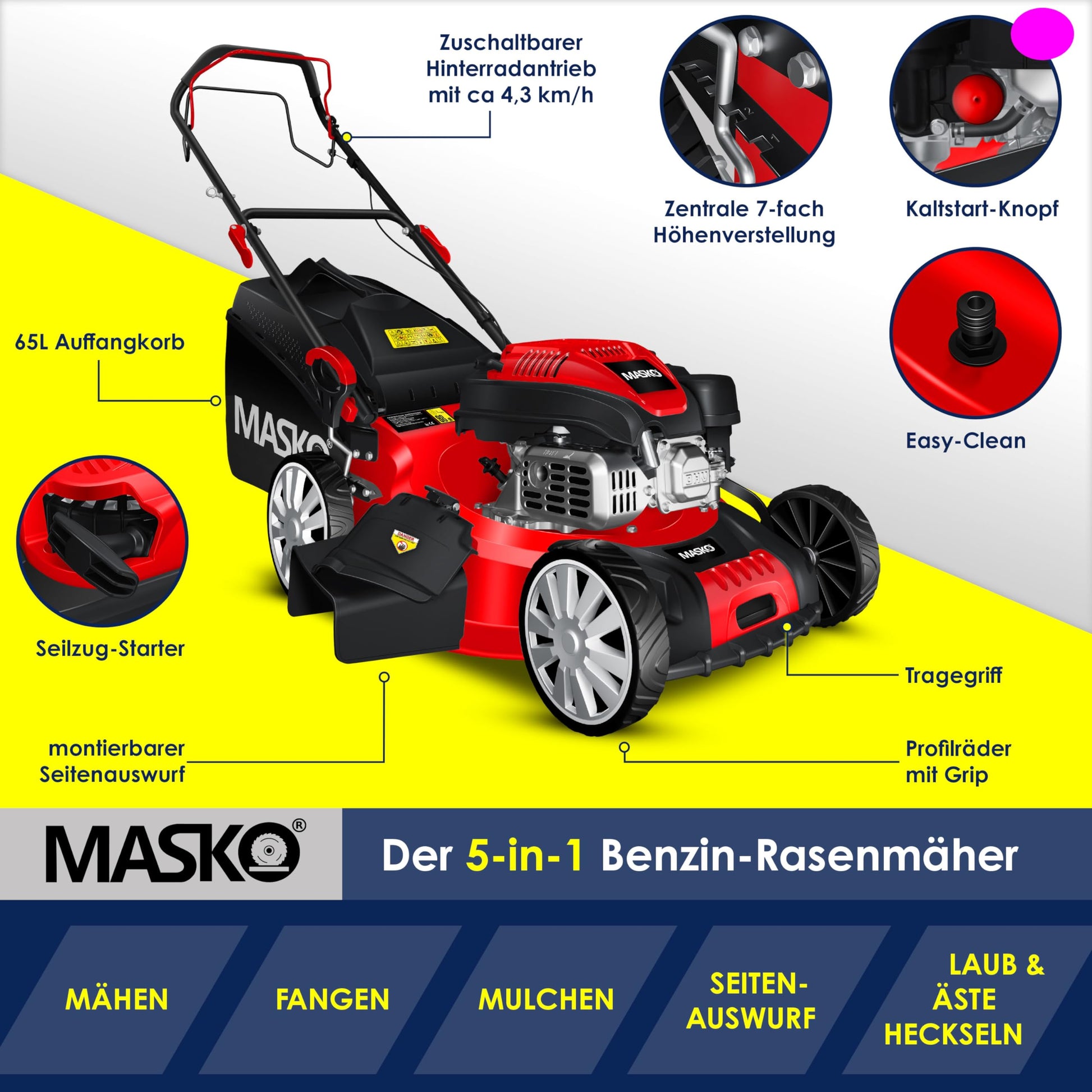 MASKO® Tosaerba a benzina 5 in 1, funzione di pulizia EasyClean 8 livelli di altezza