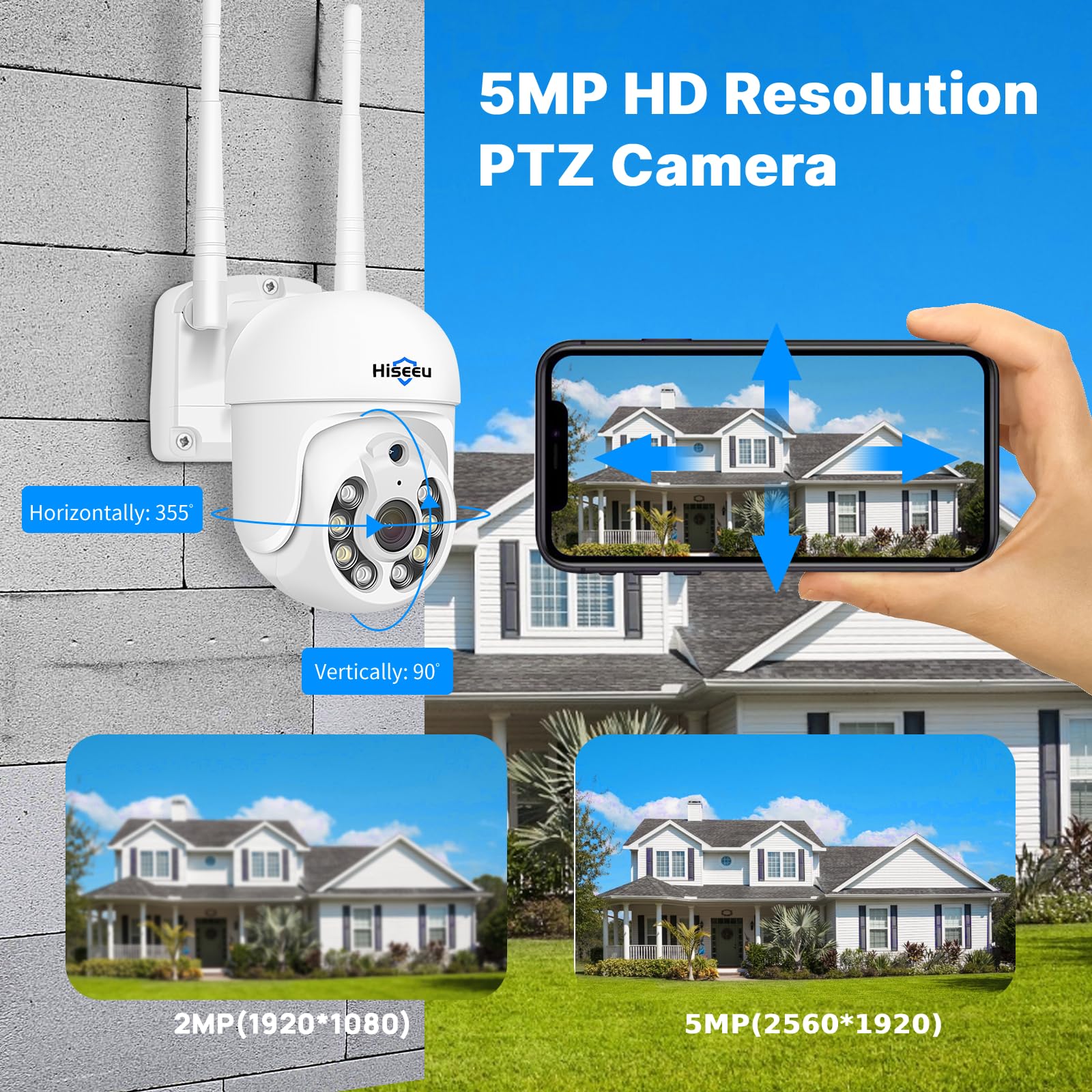 5MP PTZ+3TB HDD】Hiseeu 5MP Kit Videosorveglianza PTZ WiFi Esterno con 12" LCD Monitor,10CH NVR 4X5MP PTZ Telecamera