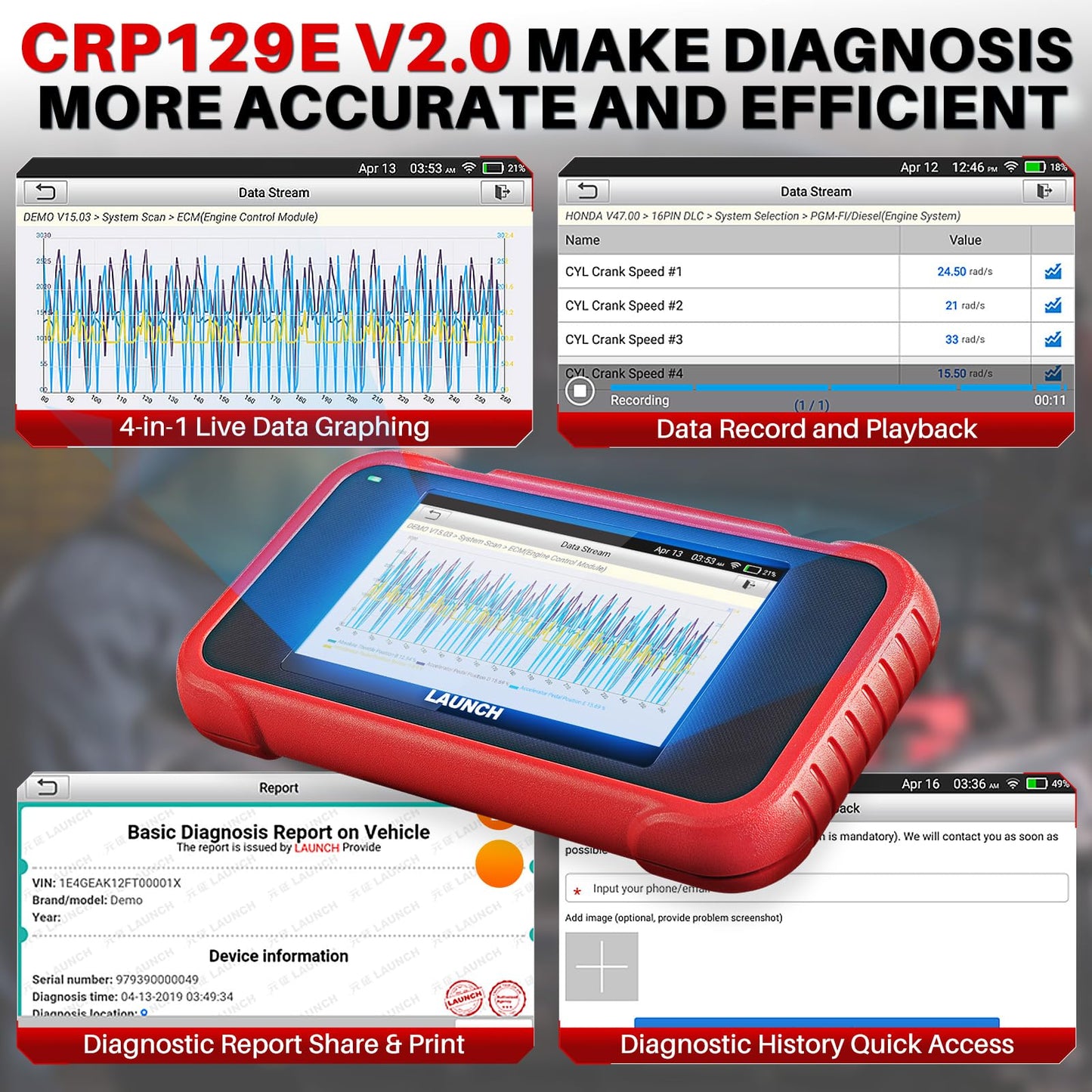 LAUNCH CRP129E V2.0 OBD2 Diagnosi Auto Multimarca con 4 Sistemi e 12 Servizi di Riavvio