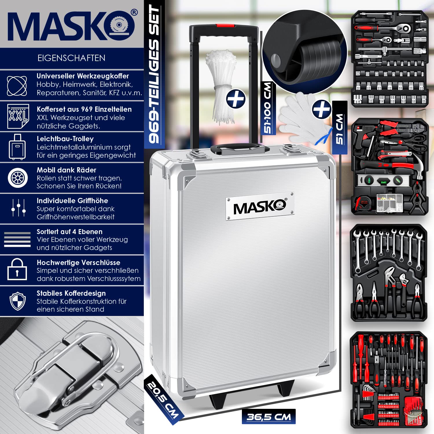 Masko® - Cassetta degli attrezzi, 969 pezzi, trolley professionale, argento