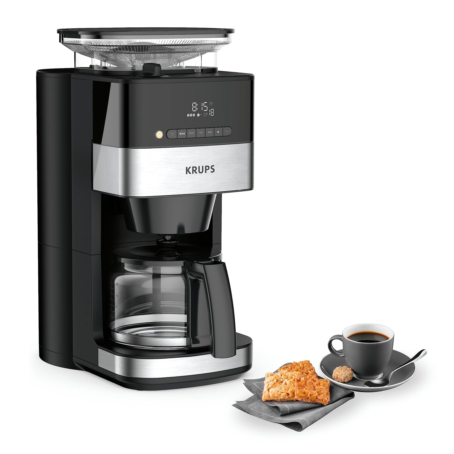 Krups KM8328 - Macchina da caffè con macina | Timer 24 ore | Contenitore per fagioli da 180 g