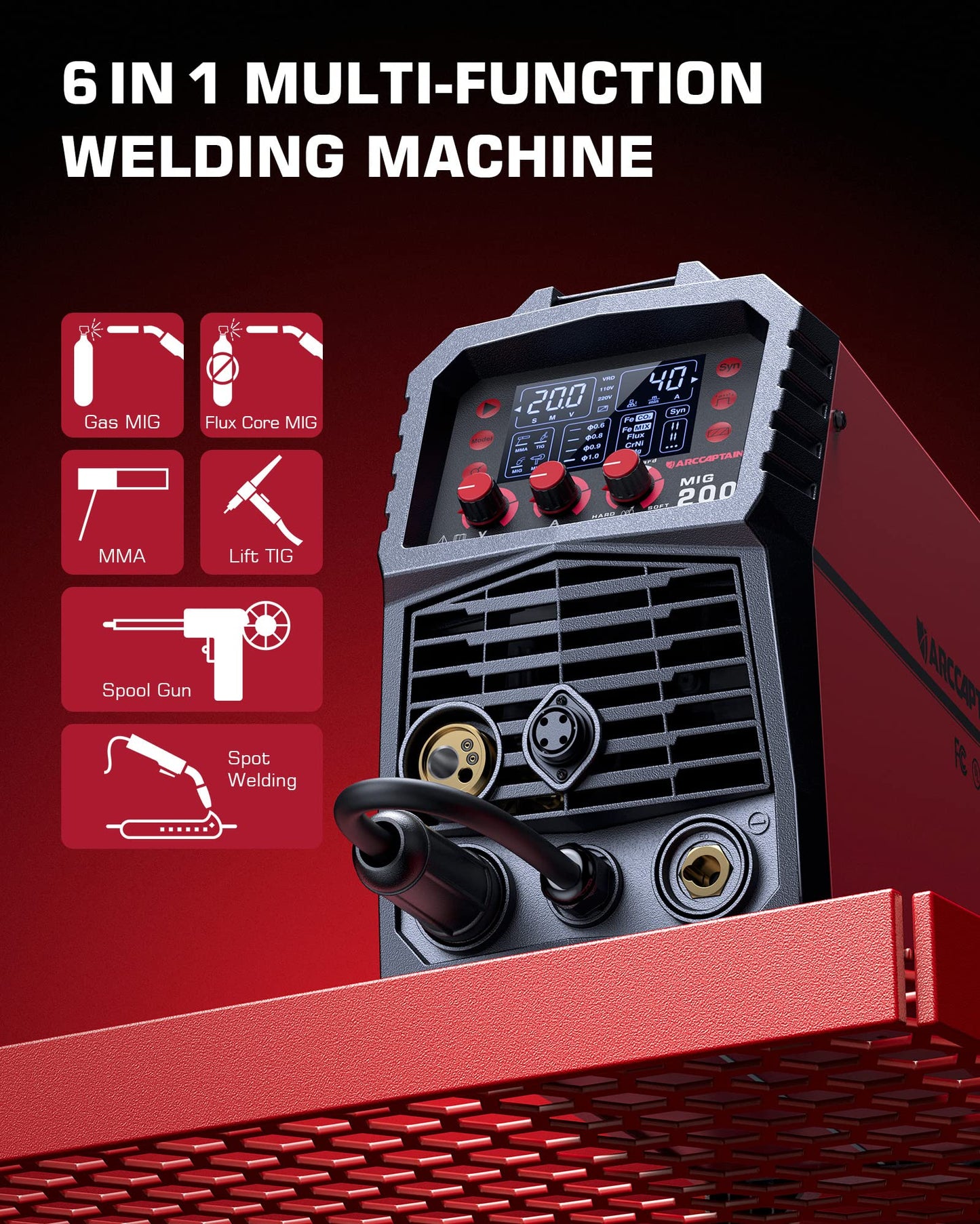 ARCCAPTAIN Saldatrice a Filo Continuo, Saldatrice MIG 200A 6 in 1 Gas MIG/Gasless Flux Core