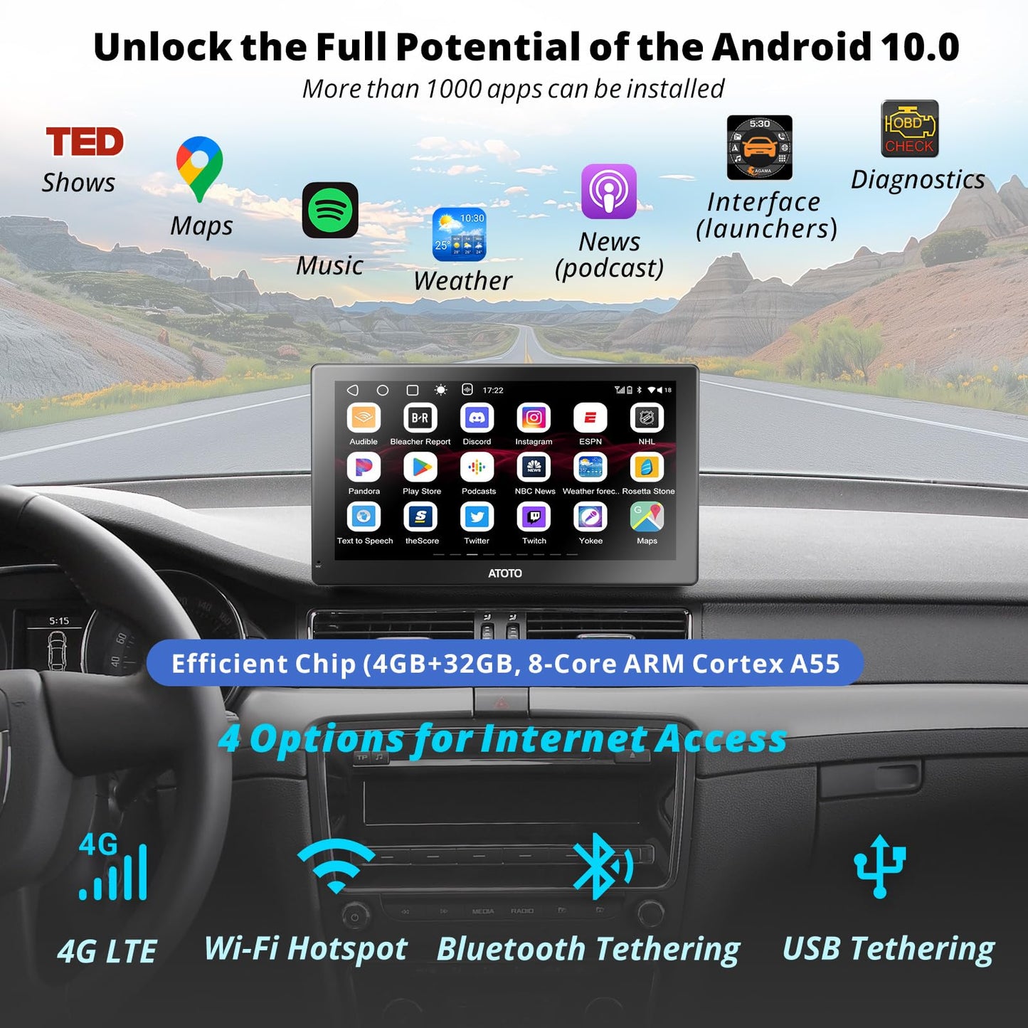 TOTO P9 9" QLED GPS Tracciamento Android Autoradio Portatile,4G+32G, Android Auto & CarPlay Senza Fili P909PR-S2