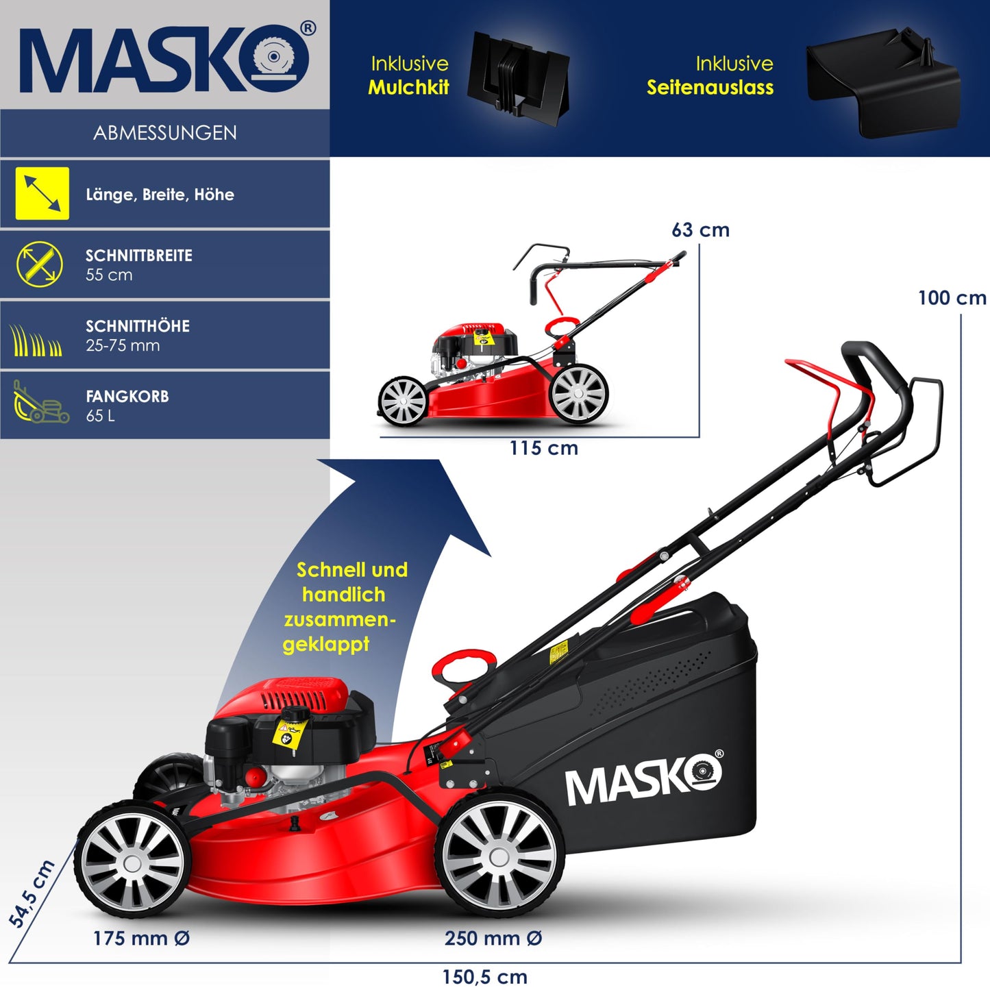 MASKO® Tosaerba a benzina 5 in 1, funzione di pulizia EasyClean 8 livelli di altezza