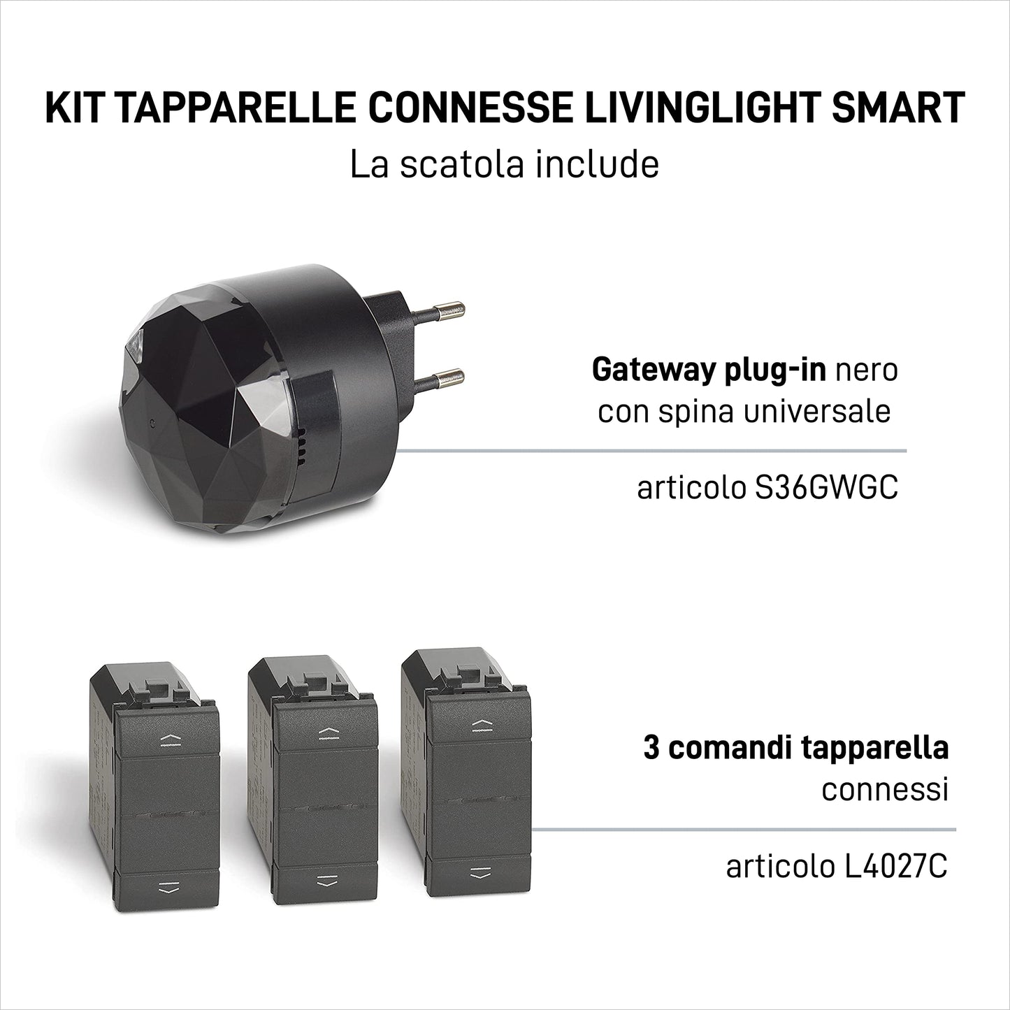 BTicino Kit Tapparelle Connesse Livinglight Smart SL3602KIT, 1 Gateway Plug-in S36GWGC e 3 Tapparella Antracite L4027C