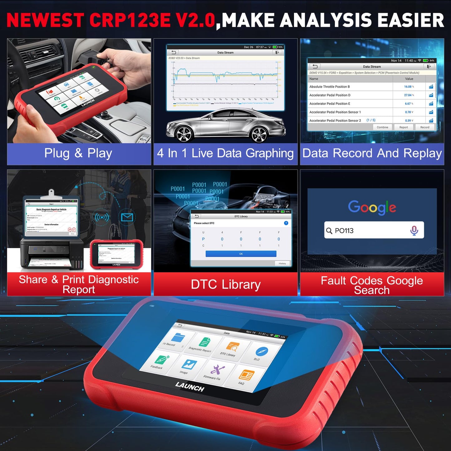 LAUNCH CRP123E V2.0 OBD2 Diagnosi Auto Multimarca con 4 Sistemi e 7 Funzioni di Reset