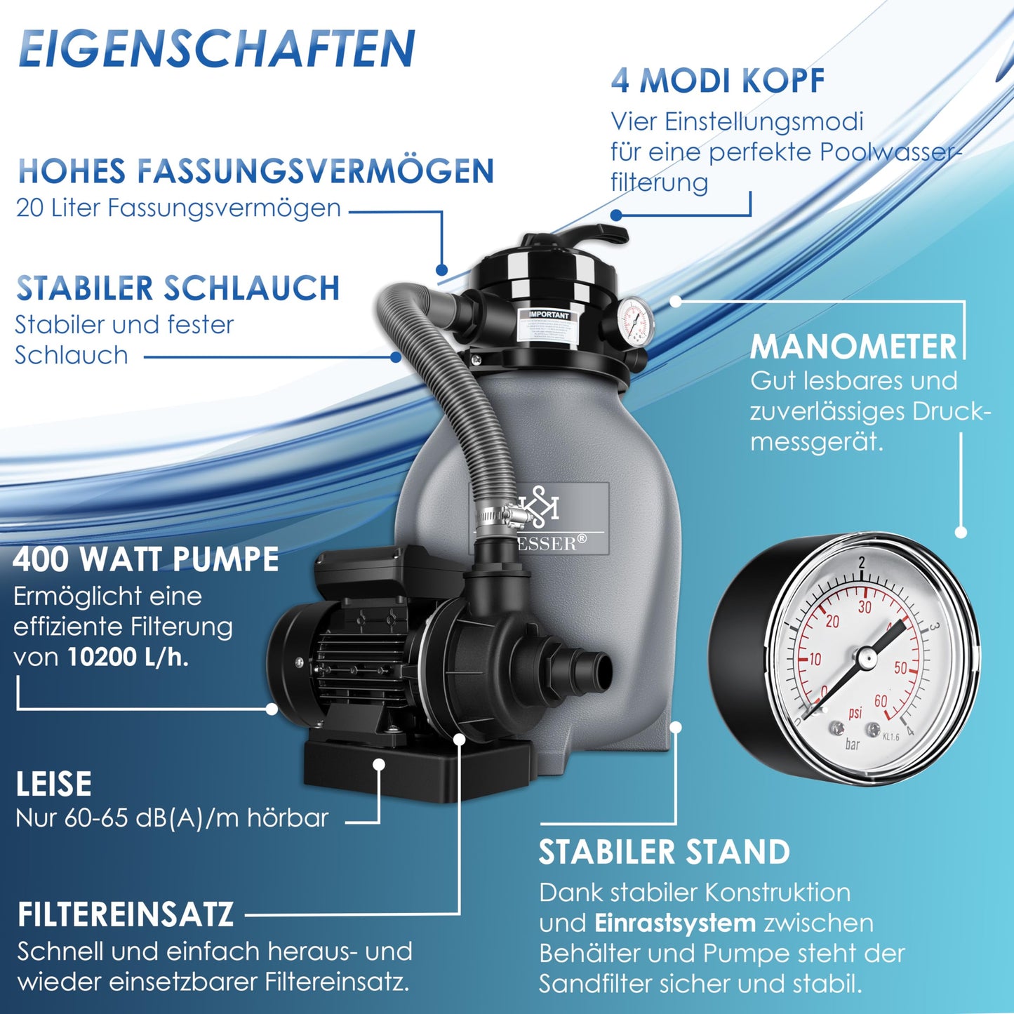 KESSER® Filtro a Sabbia - Sistema di filtraggio a Sabbia + 700 g di Sfere filtranti sostituiscono