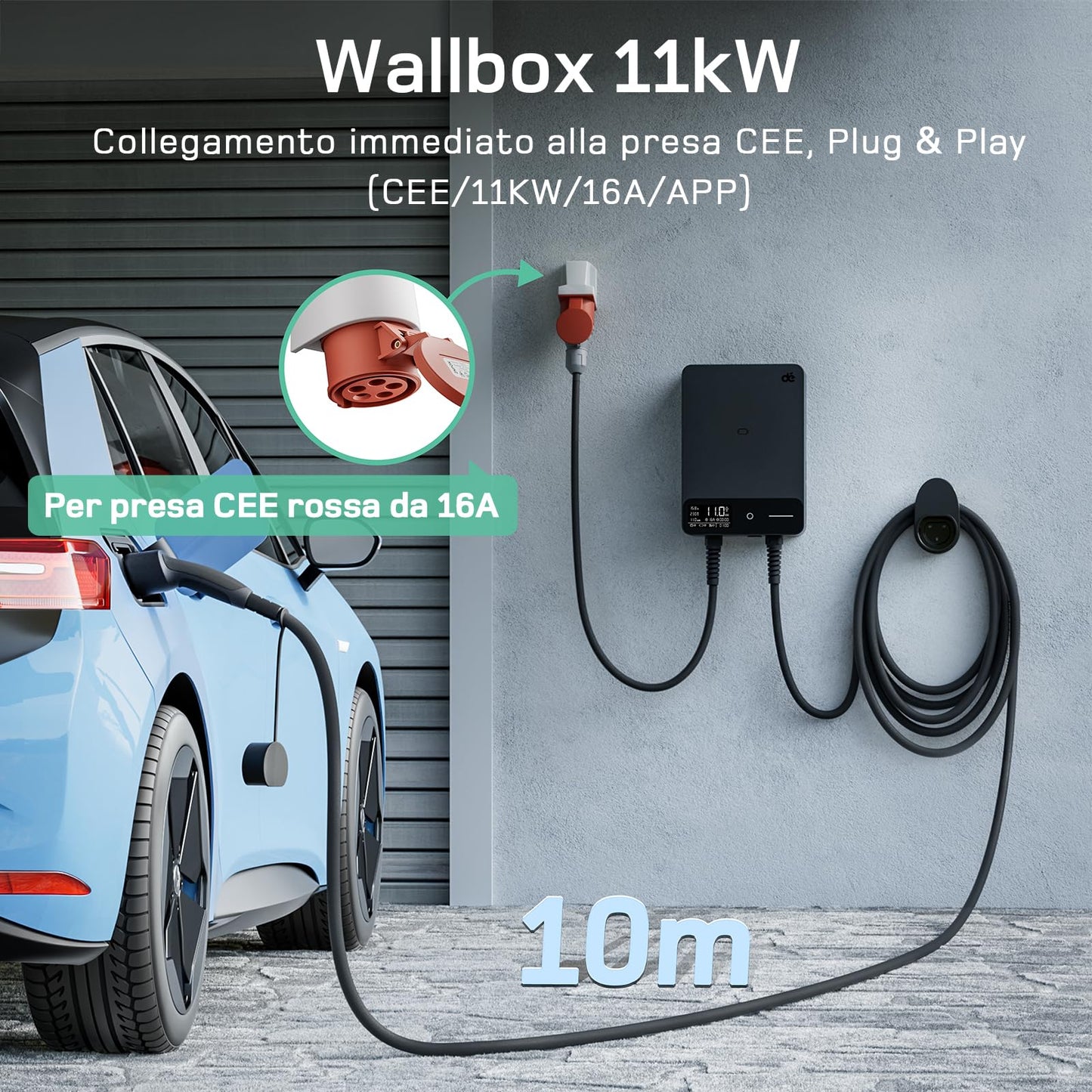 dé Wallbox 11kW [10m, 6-16A, Trifase] Colonnina Stazione Ricarica Auto Elettrica con APP e RFID per byd e altri
