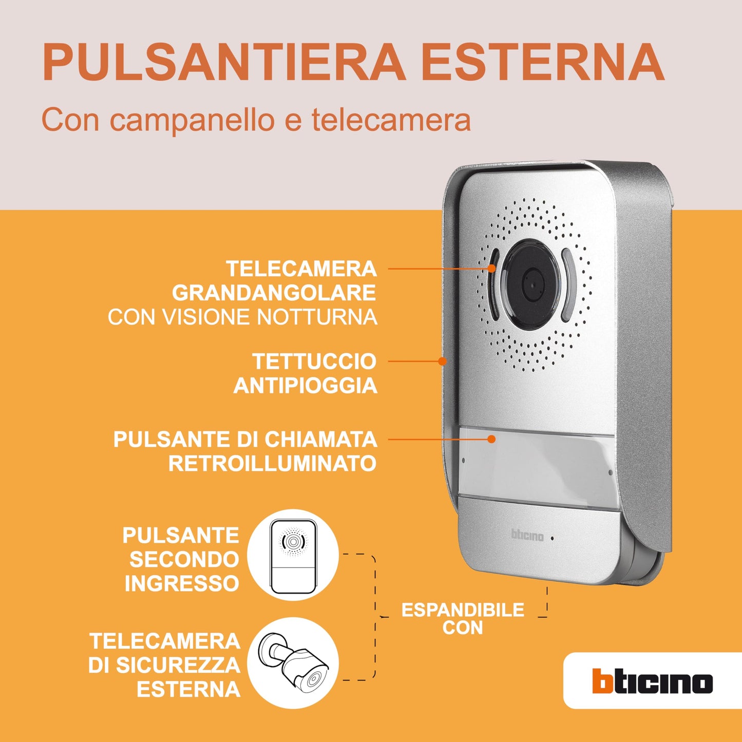 Bticino 318913 Easykit Plus Videocitofono Monofamiliare Plug-In 2 Fili con: 1 Pulsantiera Esterna con Campanello e Telecamera,